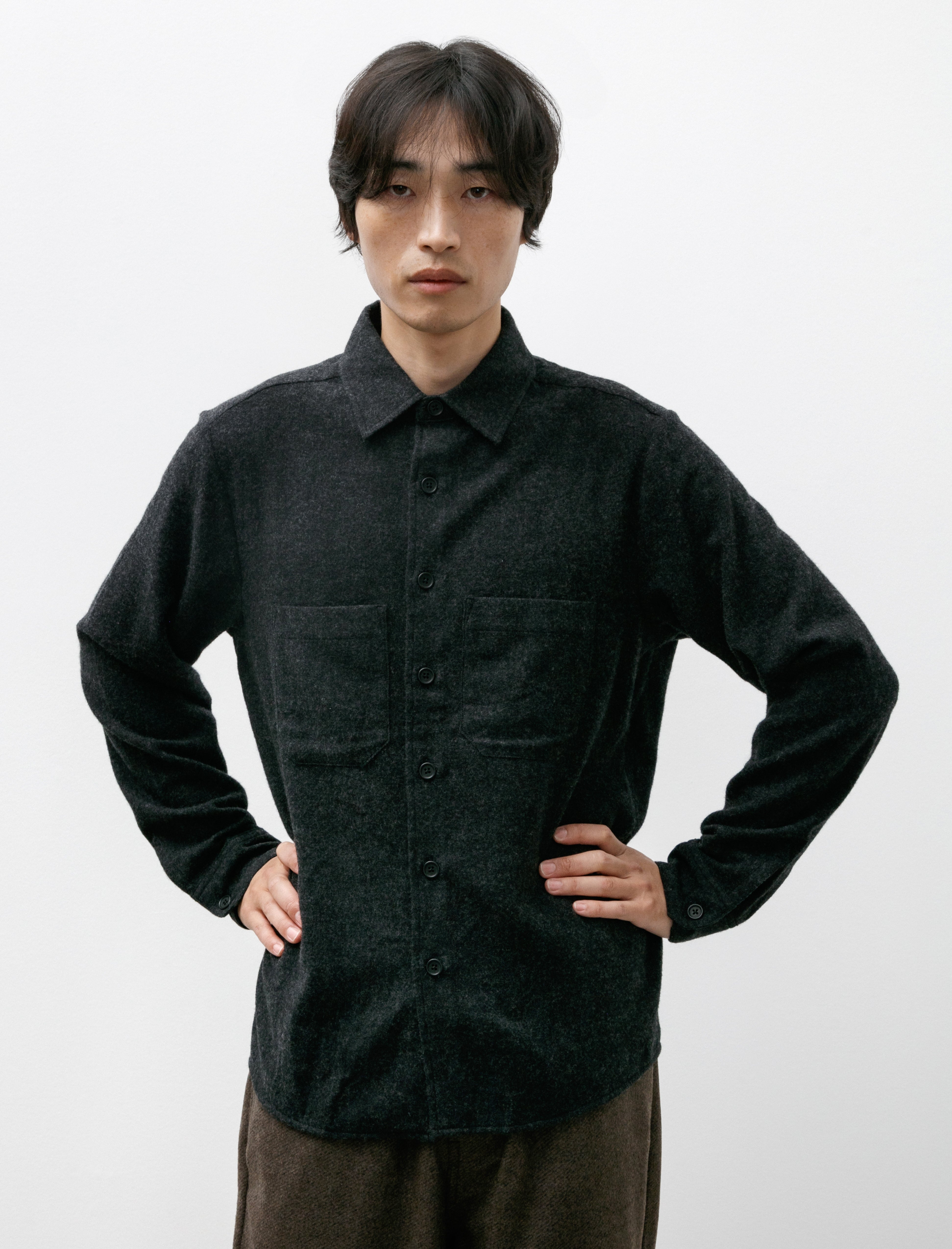 Evan Kinori Two Pocket Shirt Brushed Cashmere Wool Charcoal