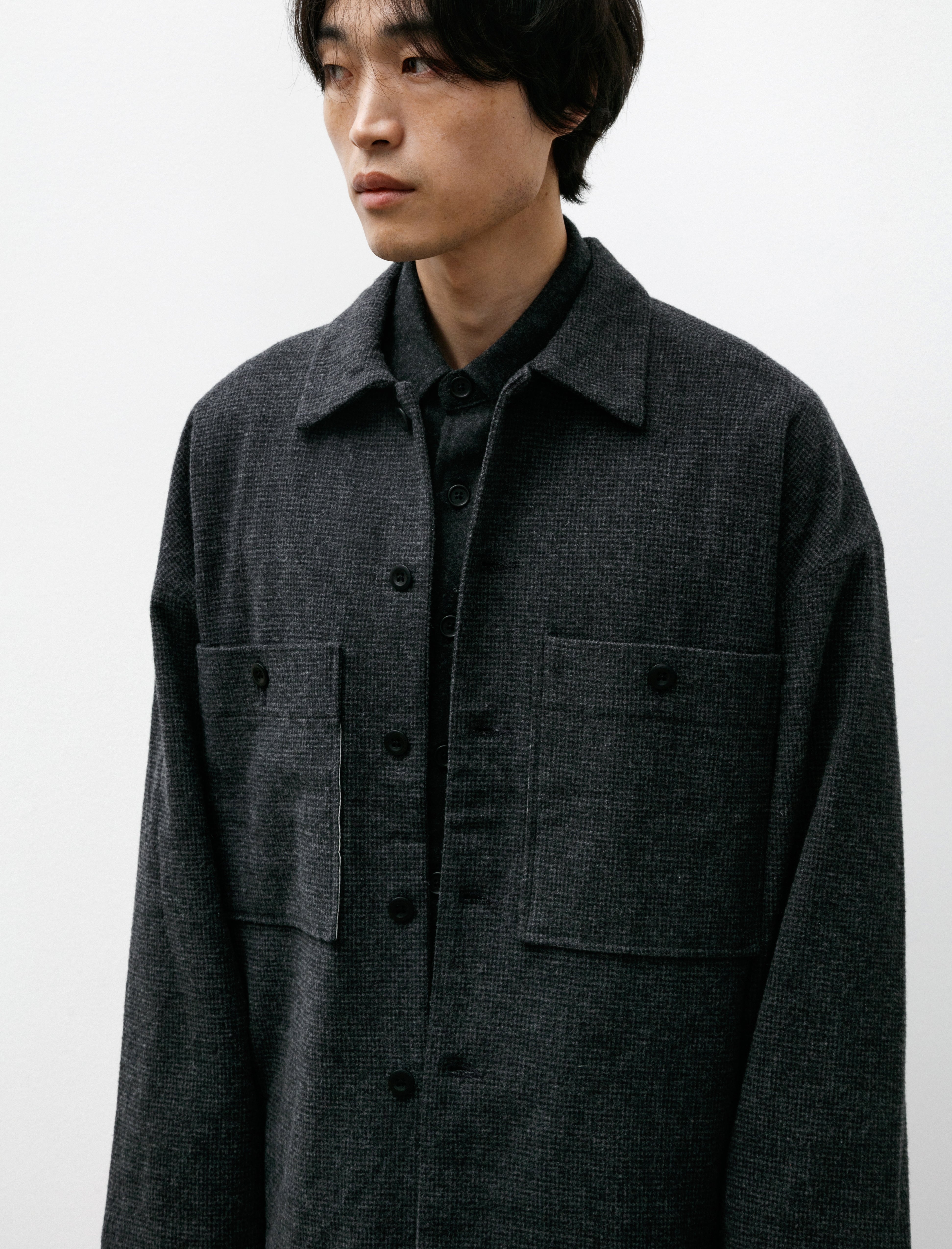 Evan Kinori Field Shirt Two Brushed Wool Cotton Houndstooth Charcoal/Black