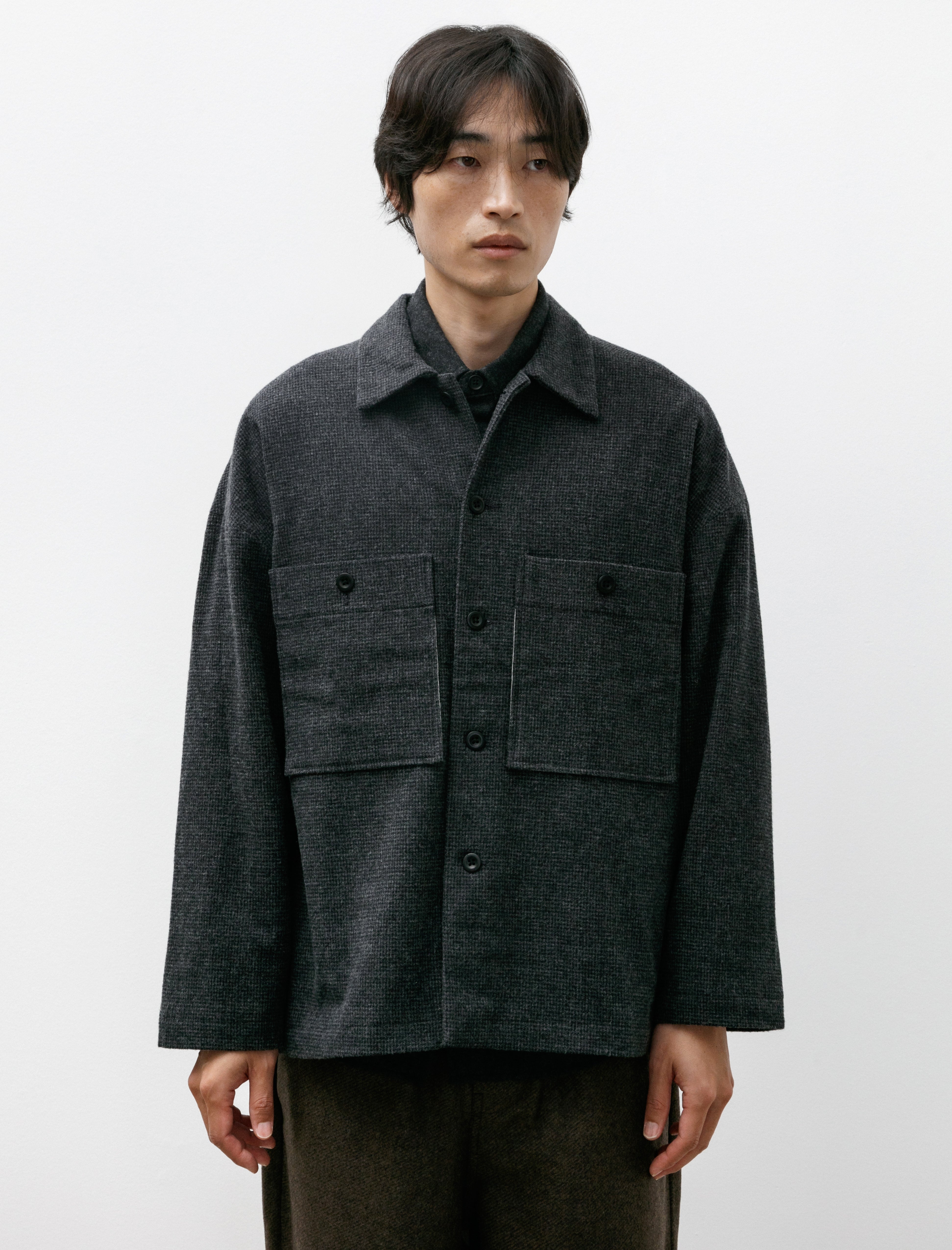 Evan Kinori Field Shirt Two Brushed Wool Cotton Houndstooth Charcoal/Black