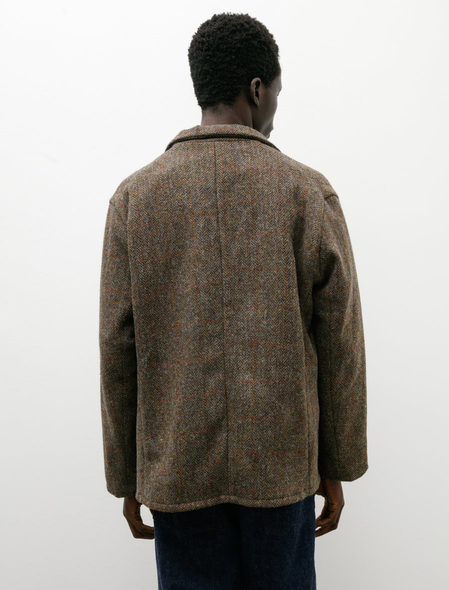 Harris Tweed Mens Jacket | Grey Herringbone With Overcheck Brown Buttons