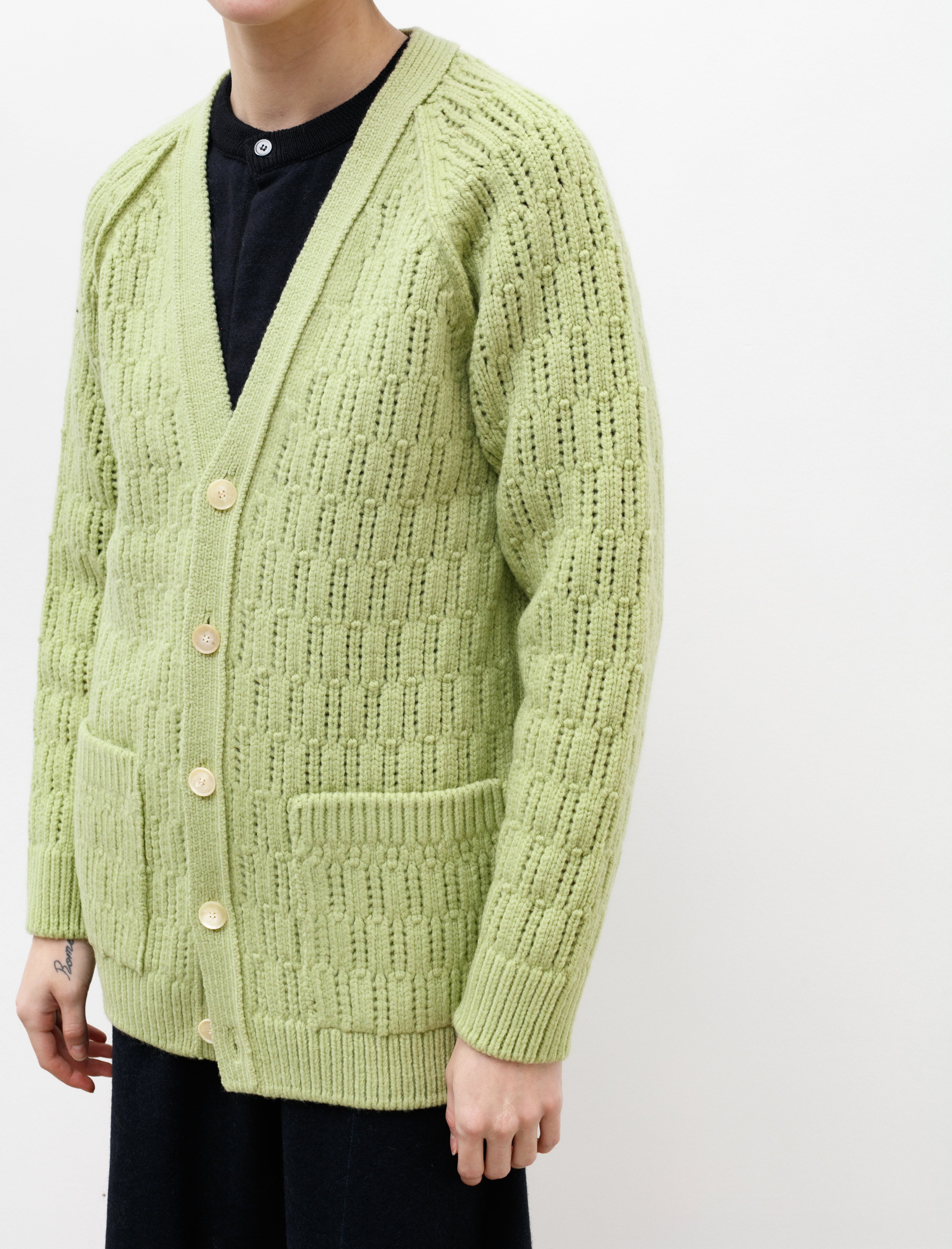 Auralee Wool Cord Rib Knit Cardigan Light Green