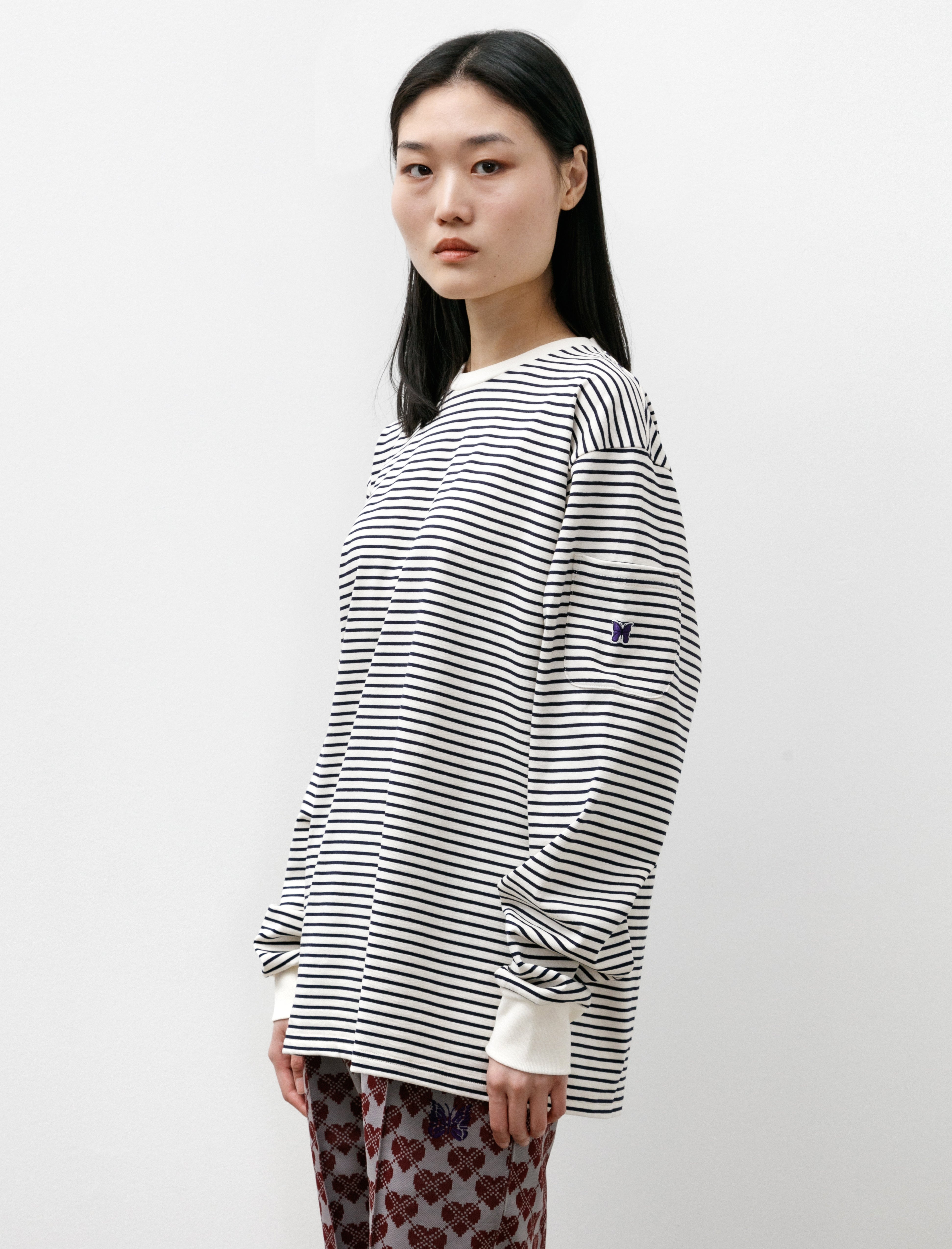 Needles LS Crewneck Tee Cotton Stripe Jersey White/Navy