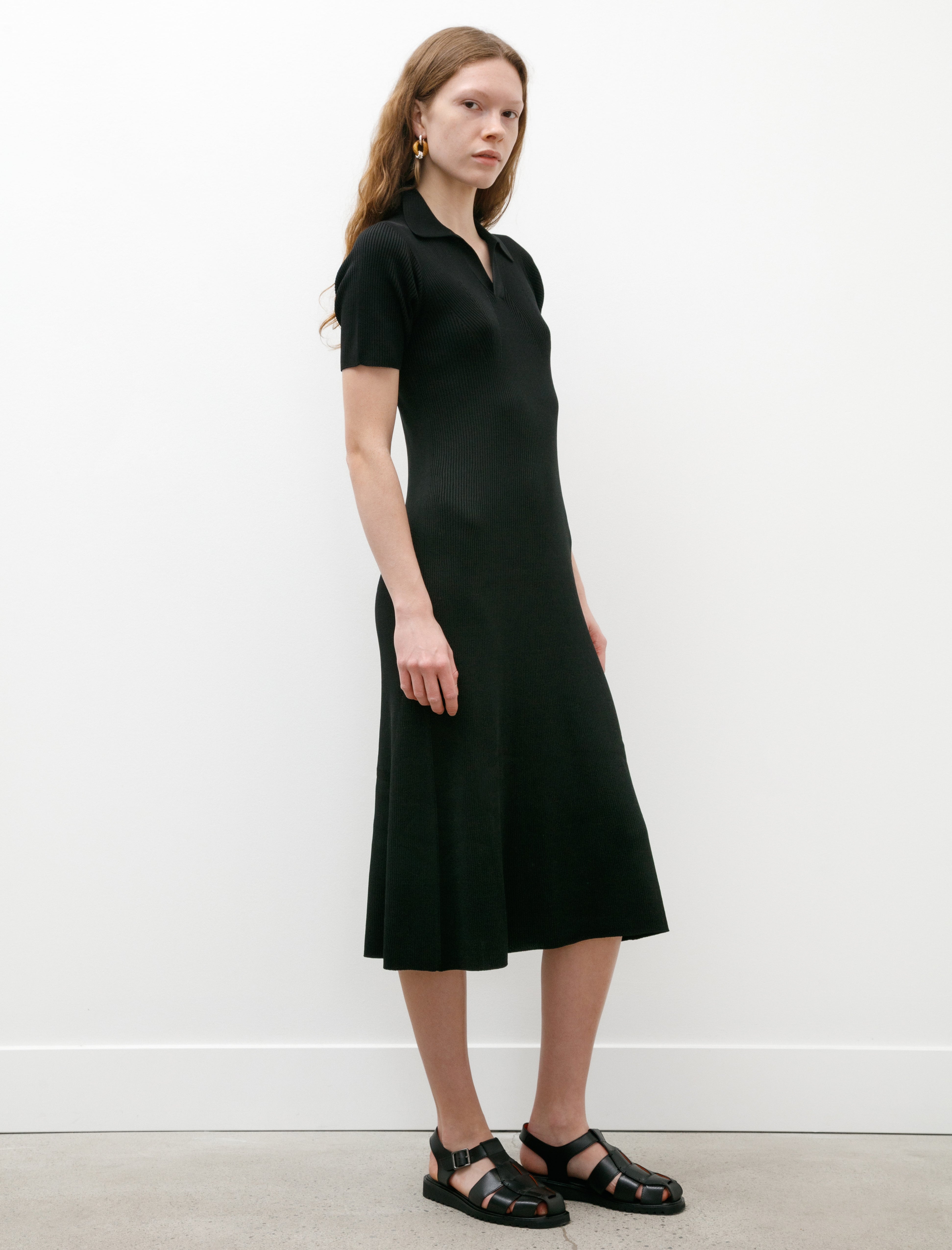 CFCL Rib Short Sleeve Polo Dress Black