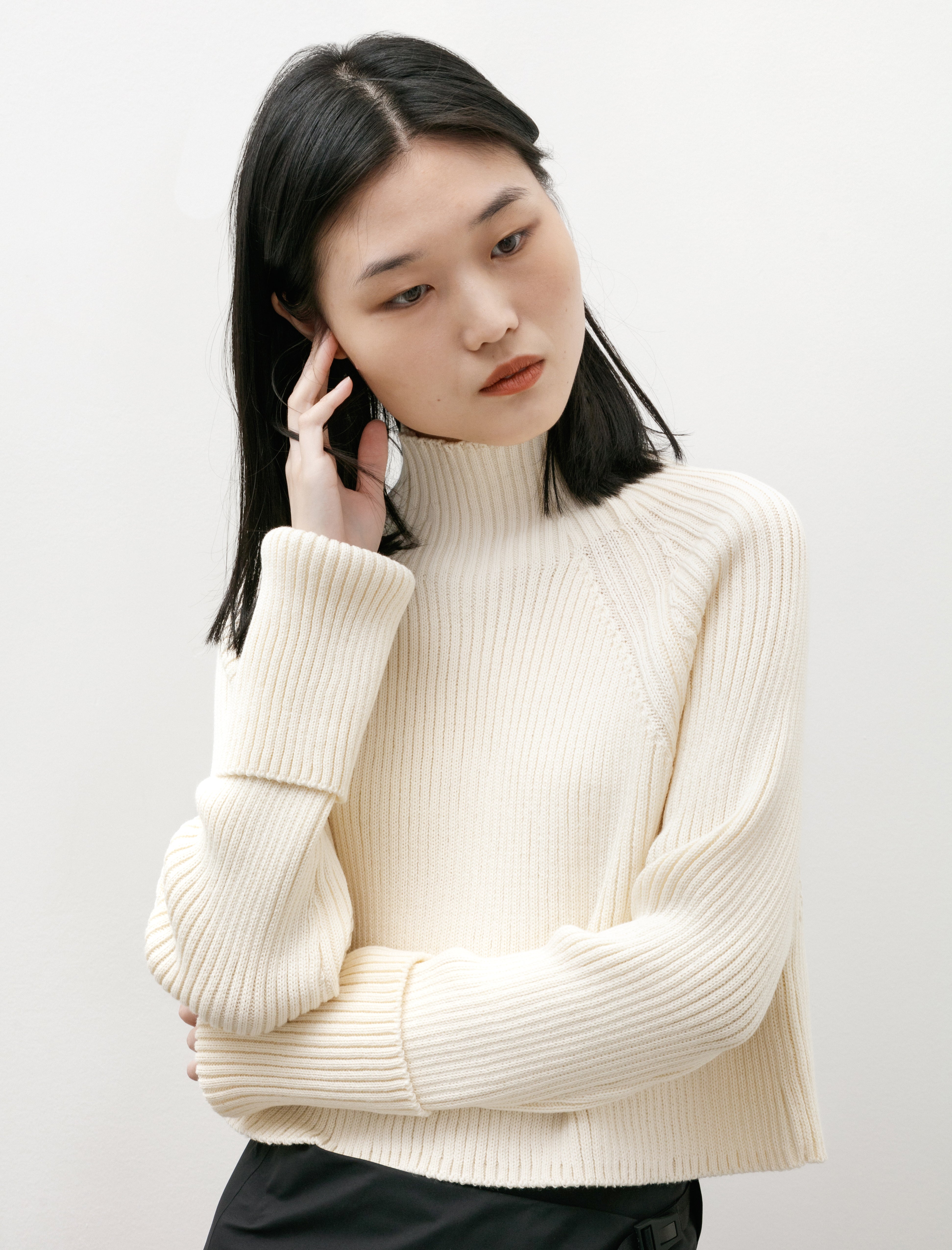 Y's by Yohji Yamamoto Wool Cotton Tight Round Neck Knit Off White