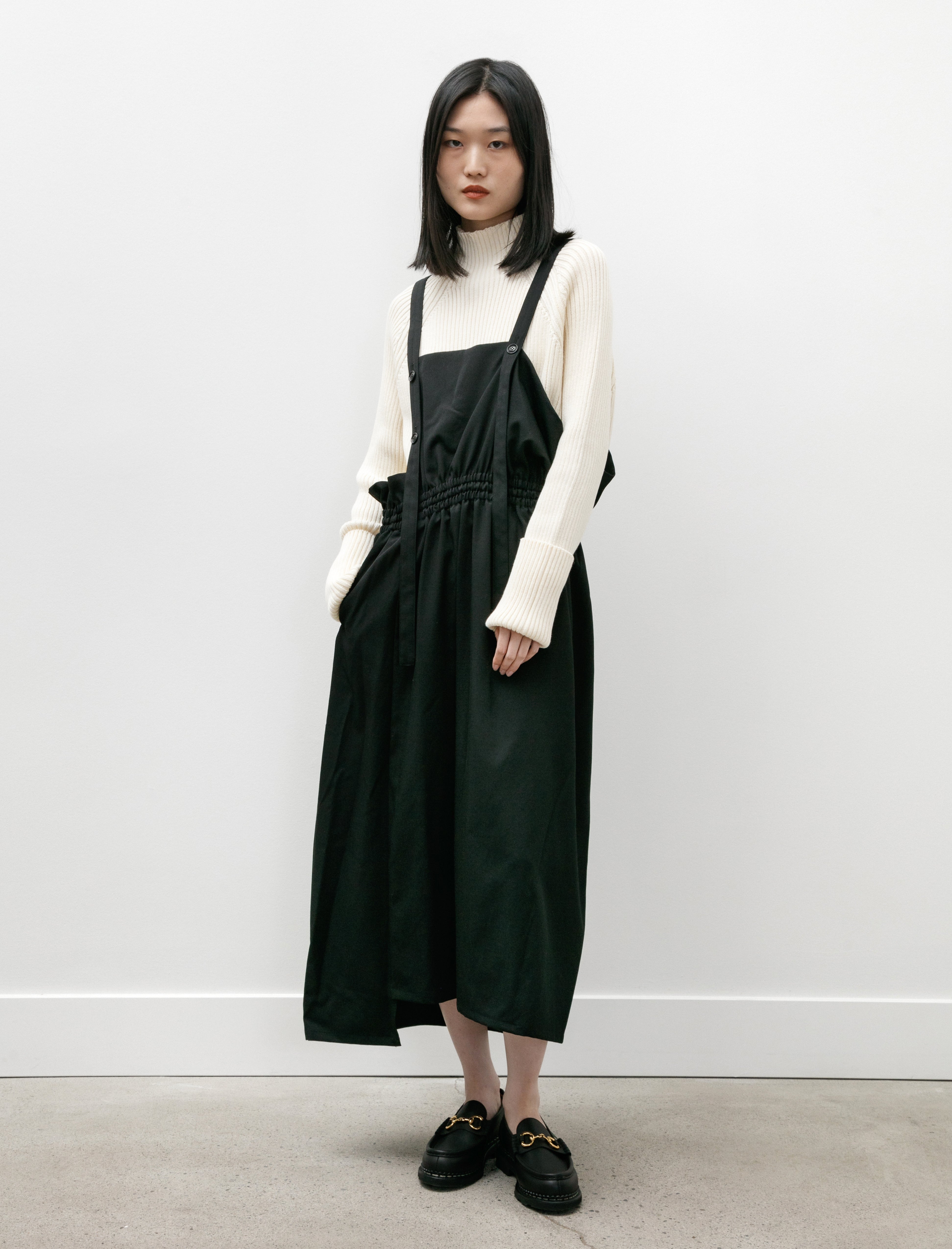 Y's by Yohji Yamamoto Gabardine Gathered Suspender Dress Black