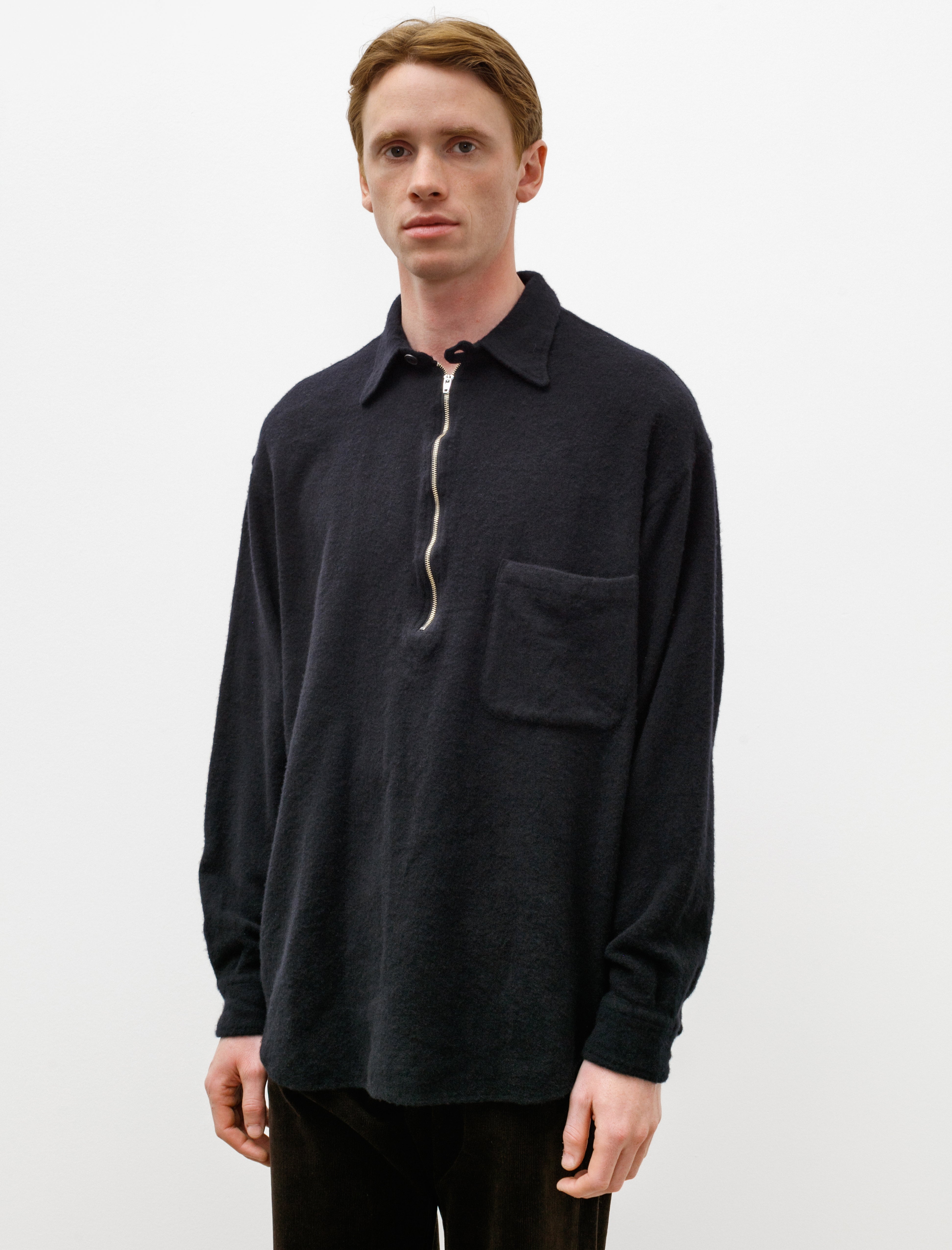 Milled Wool Half Zip Shirt Navy