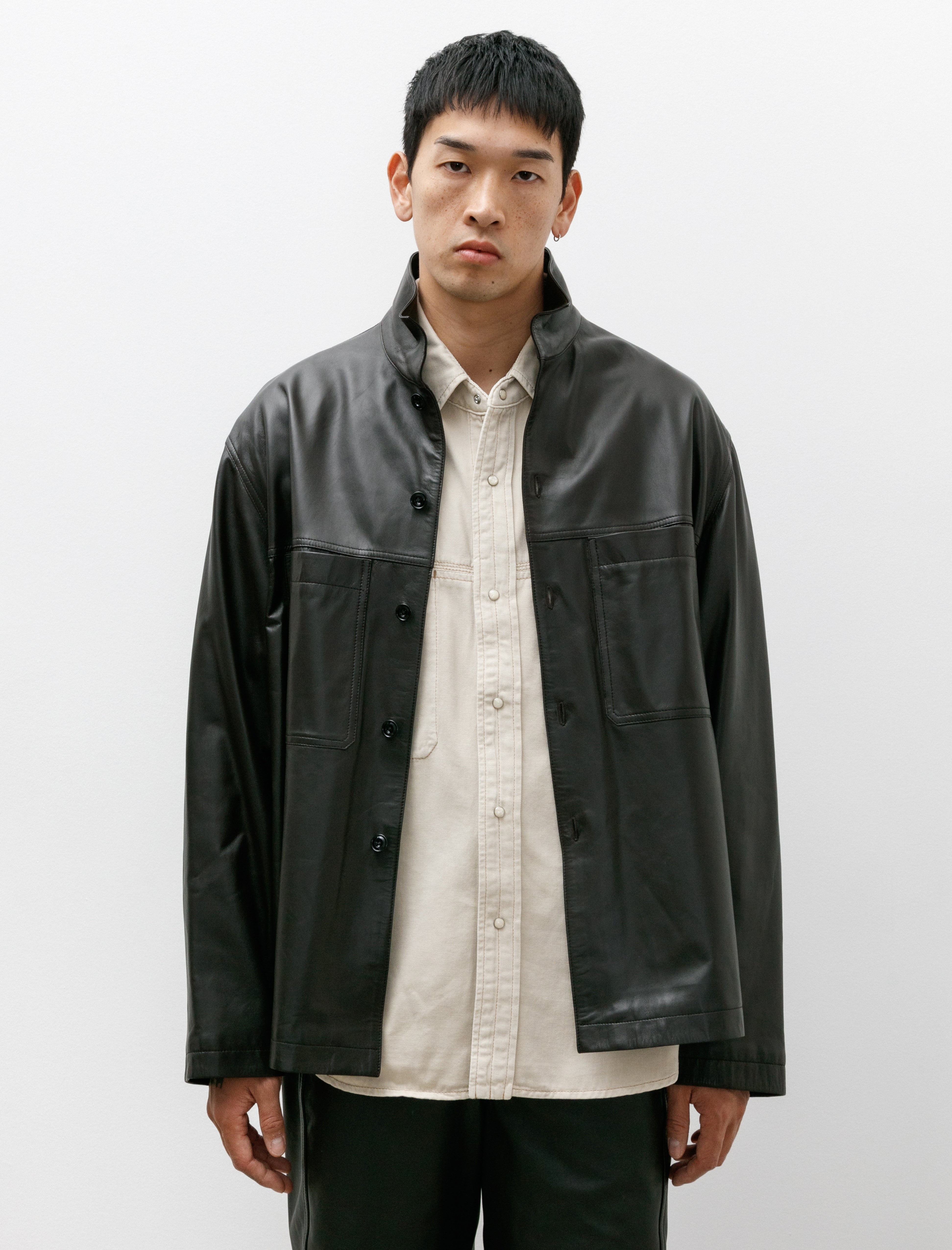 Lemaire Leather Stand Collar Shirt Dark Espresso