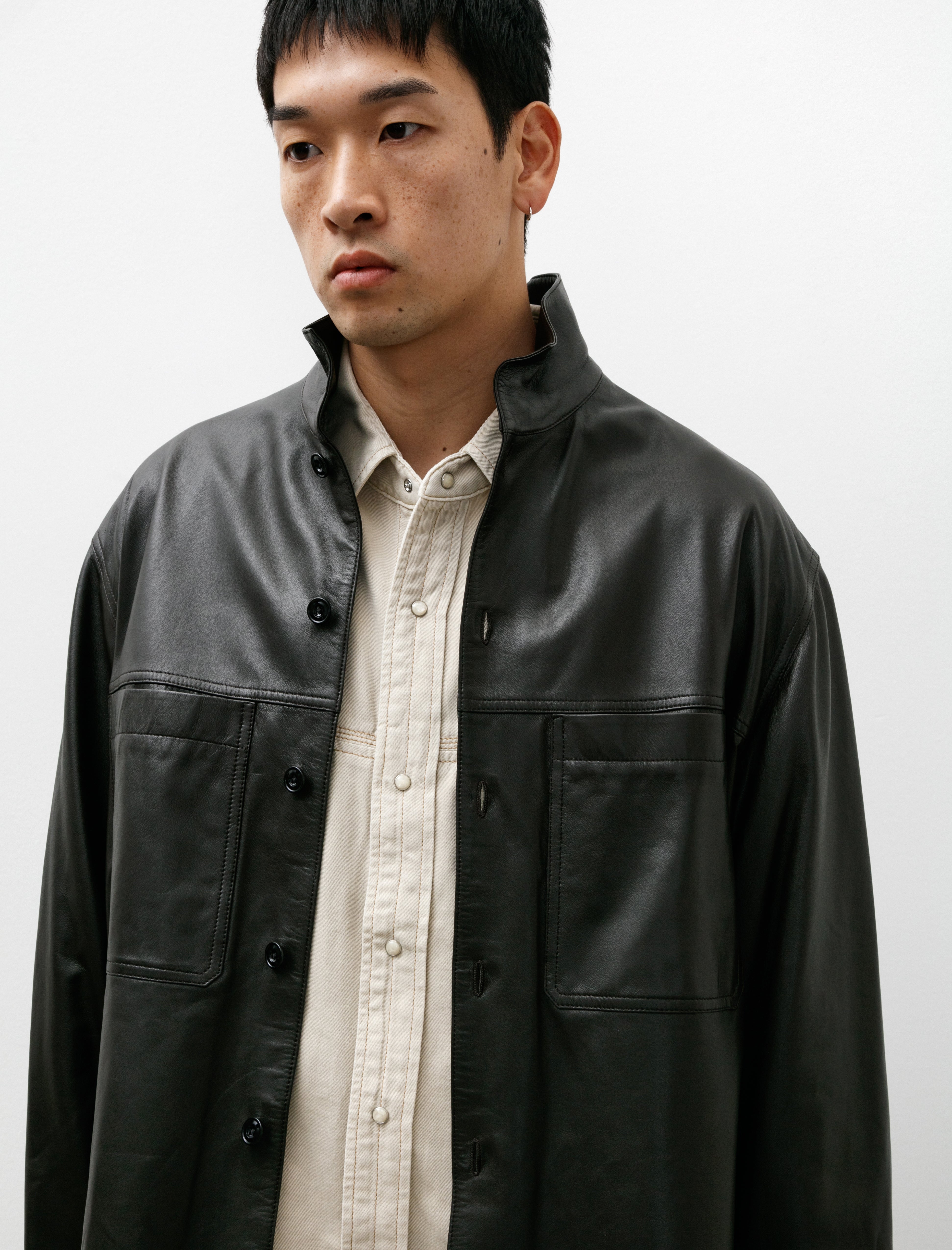 Lemaire Leather Stand Collar Shirt Dark Espresso