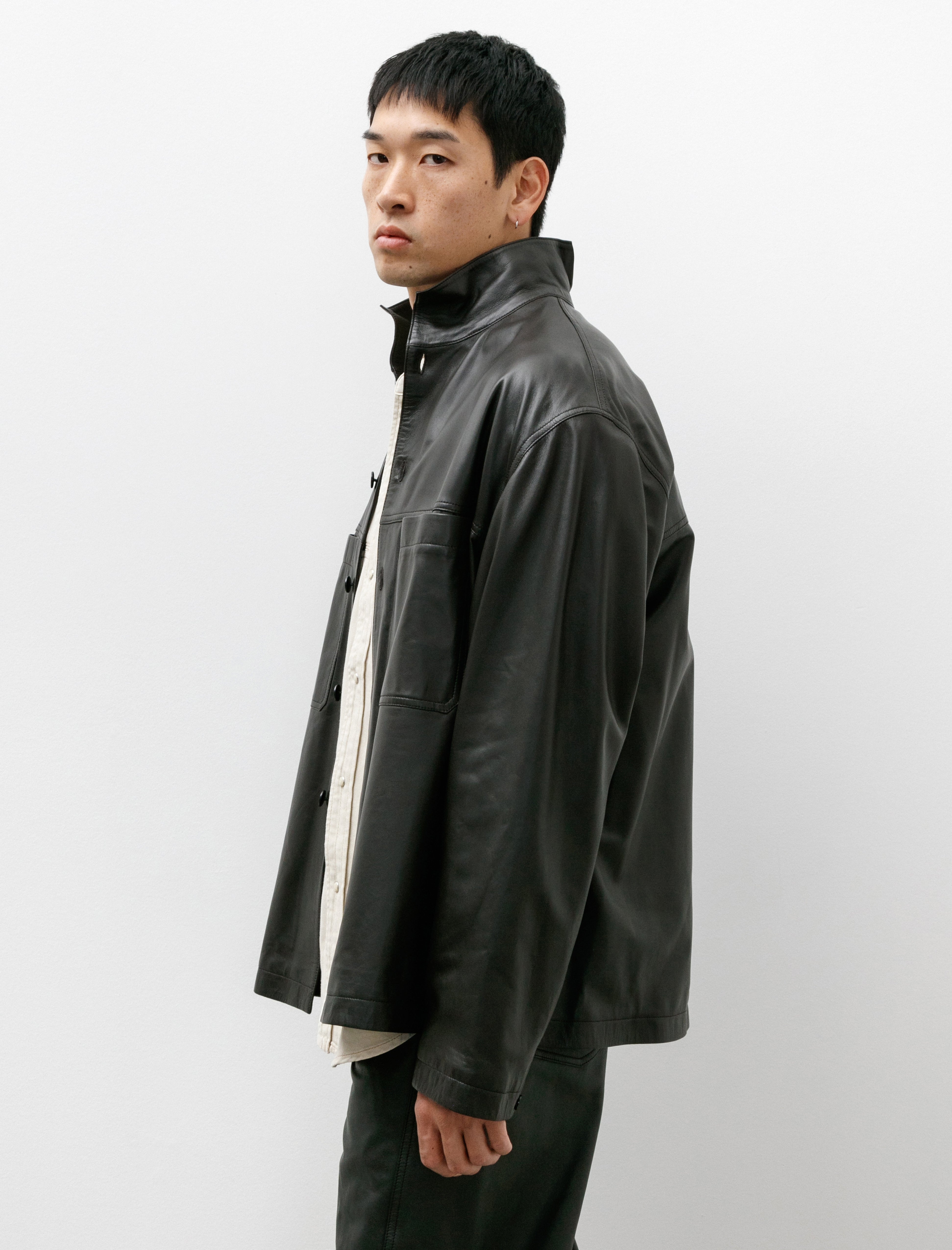 Lemaire Leather Stand Collar Shirt Dark Espresso