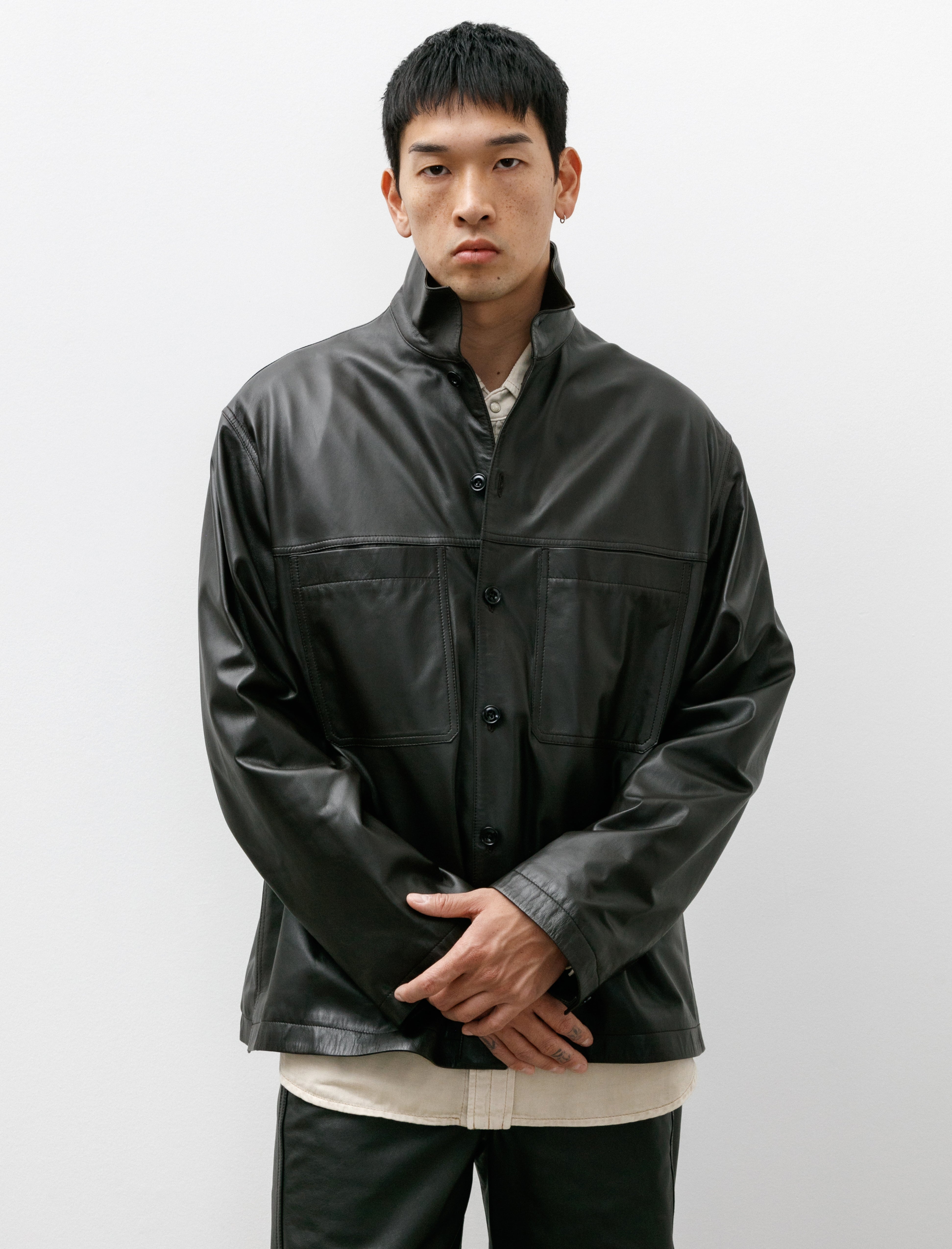 Lemaire Leather Stand Collar Shirt Dark Espresso