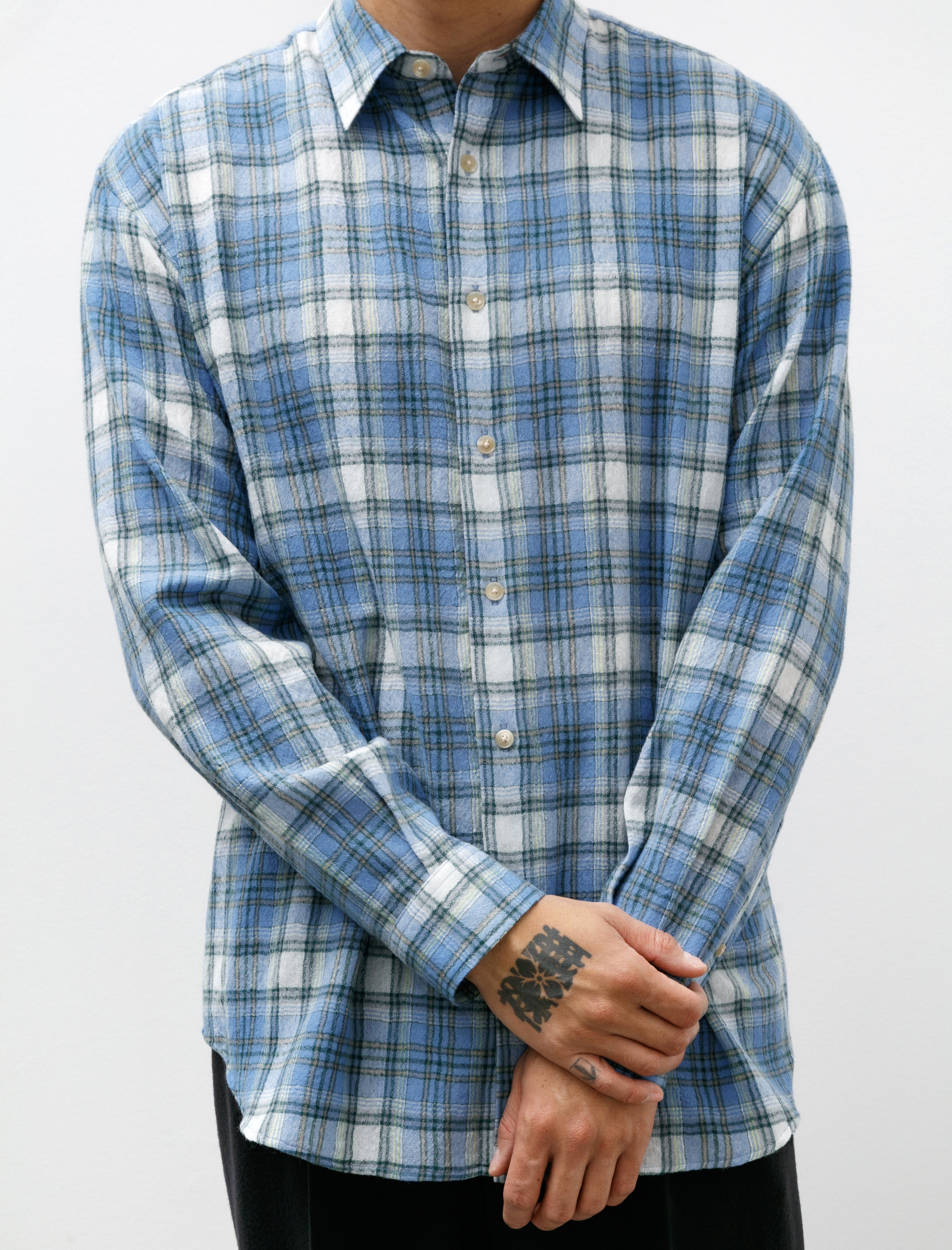 Auralee Super Light Wool Check Shirt Blue Beige