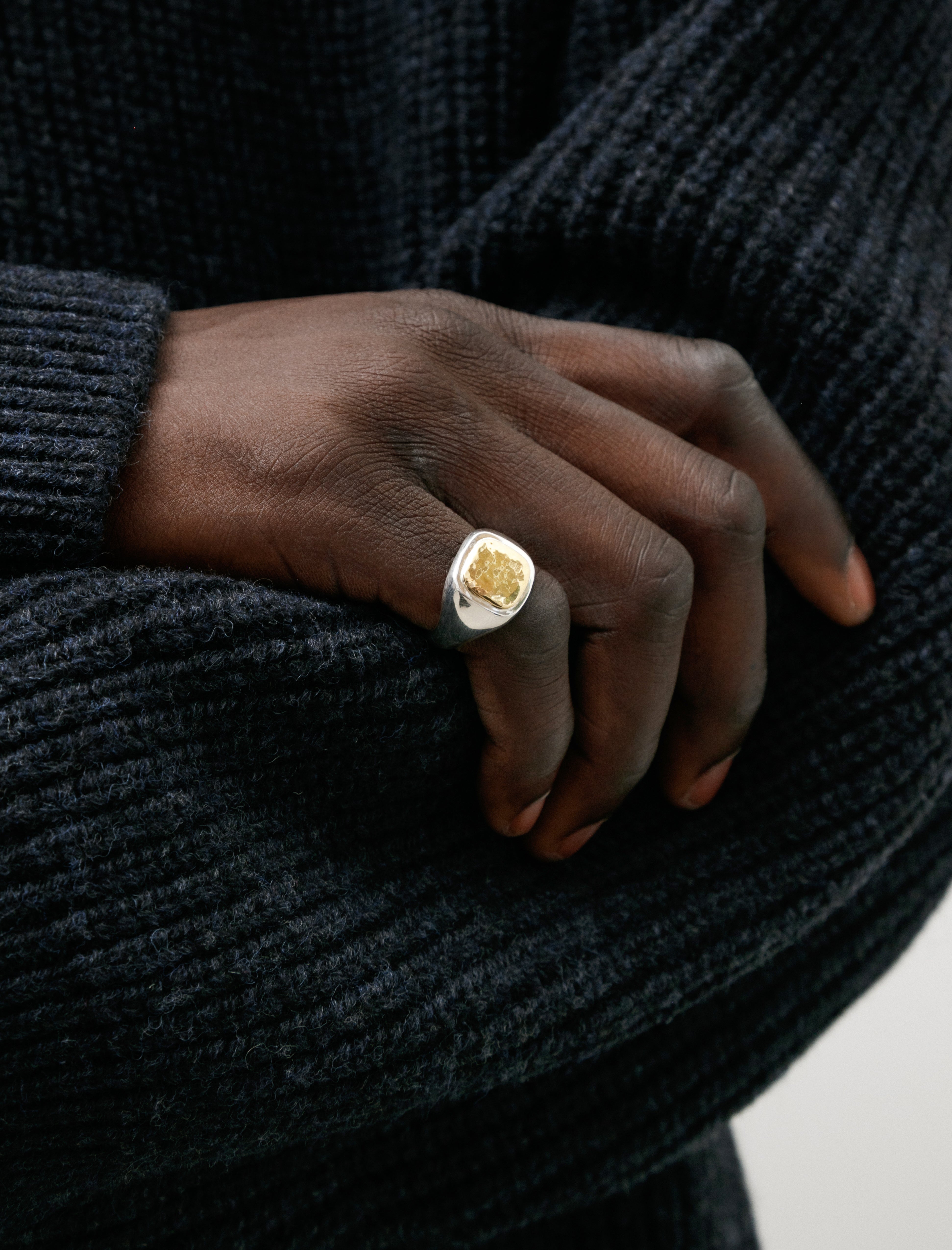 Bunney Mini Cushion Signet Ring Hammered Silver Yellow Gold