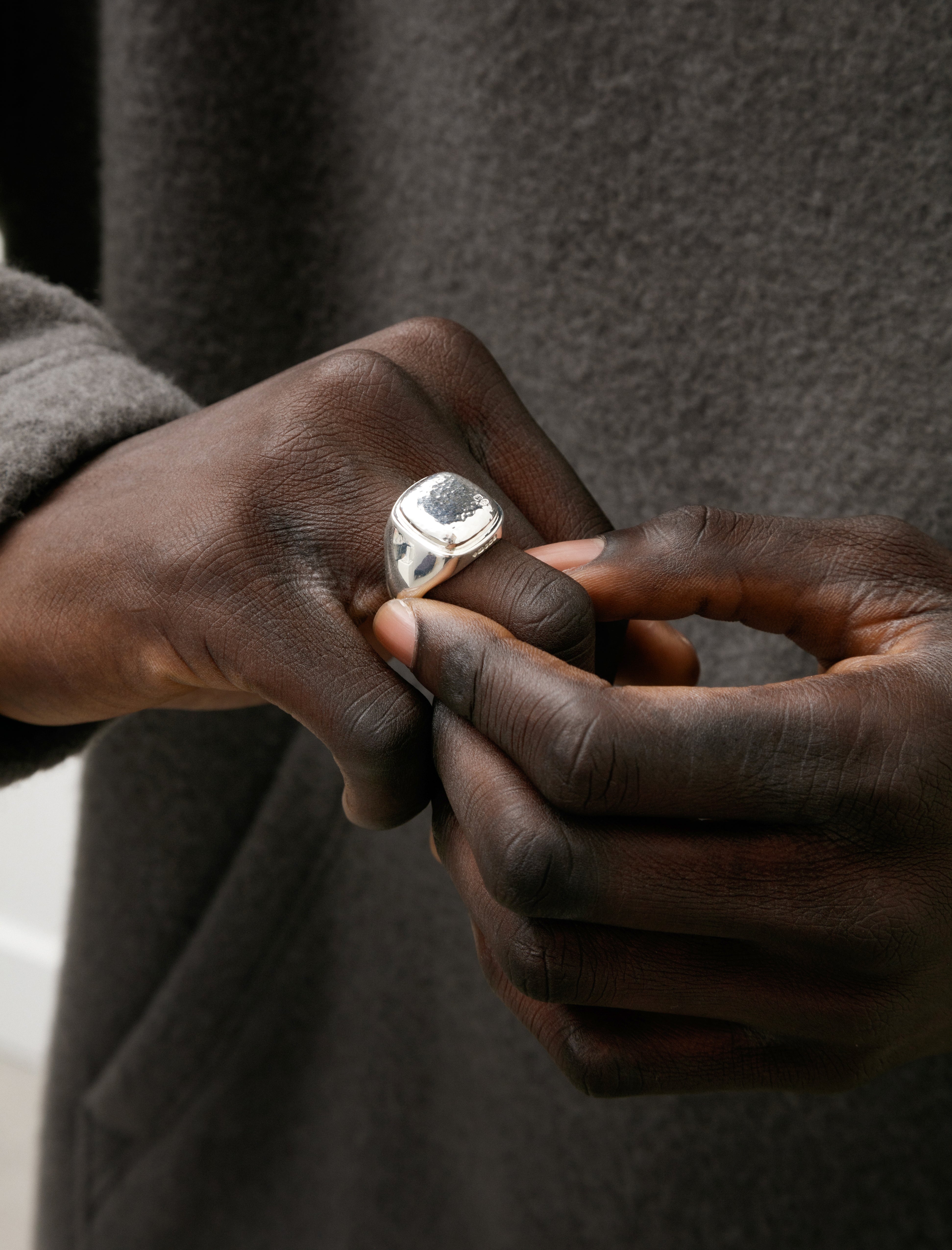 Bunney Heavy Cushion Signet Ring Hammered Silver