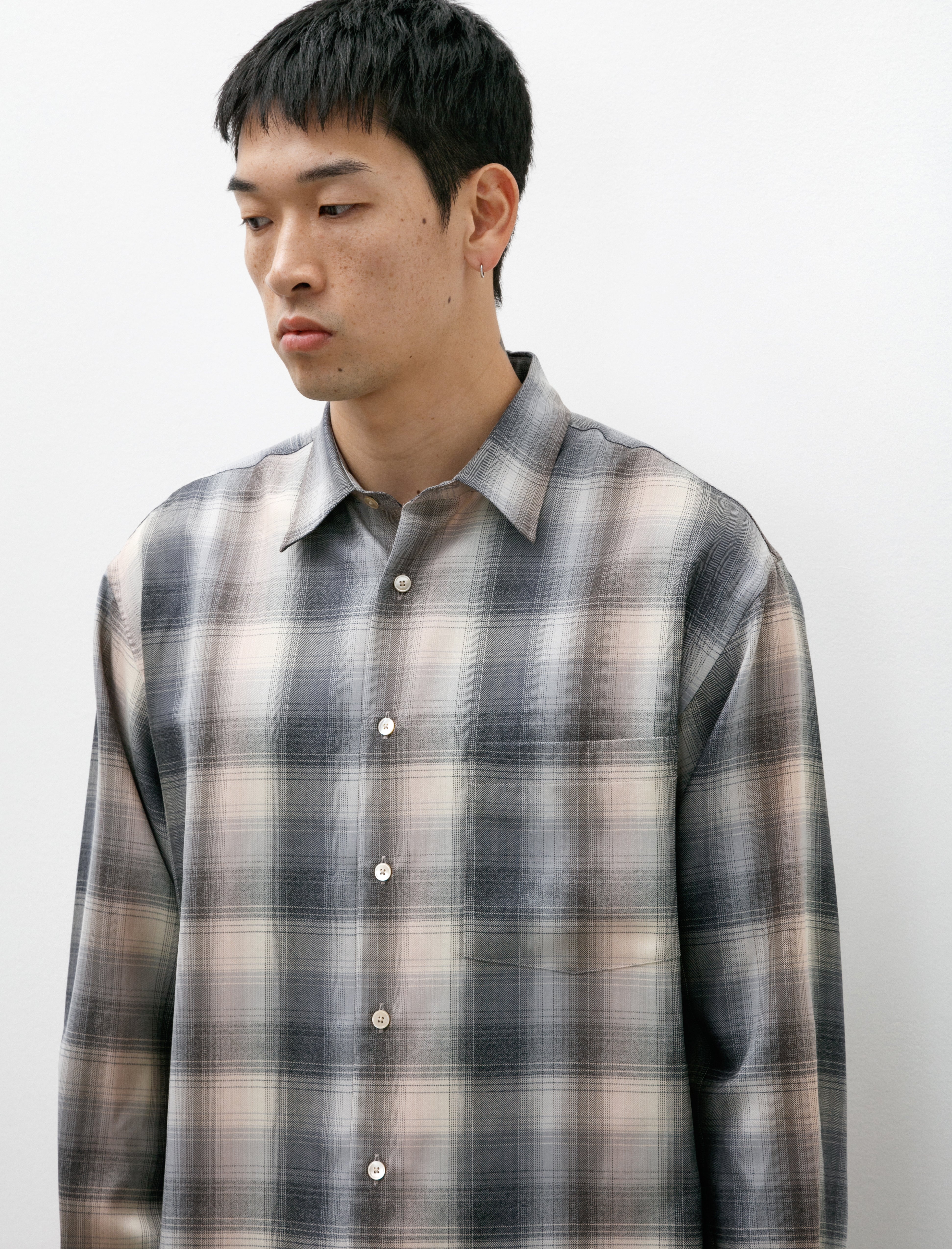 Auralee Super Light Weight Wool Check Shirt Beige Blue