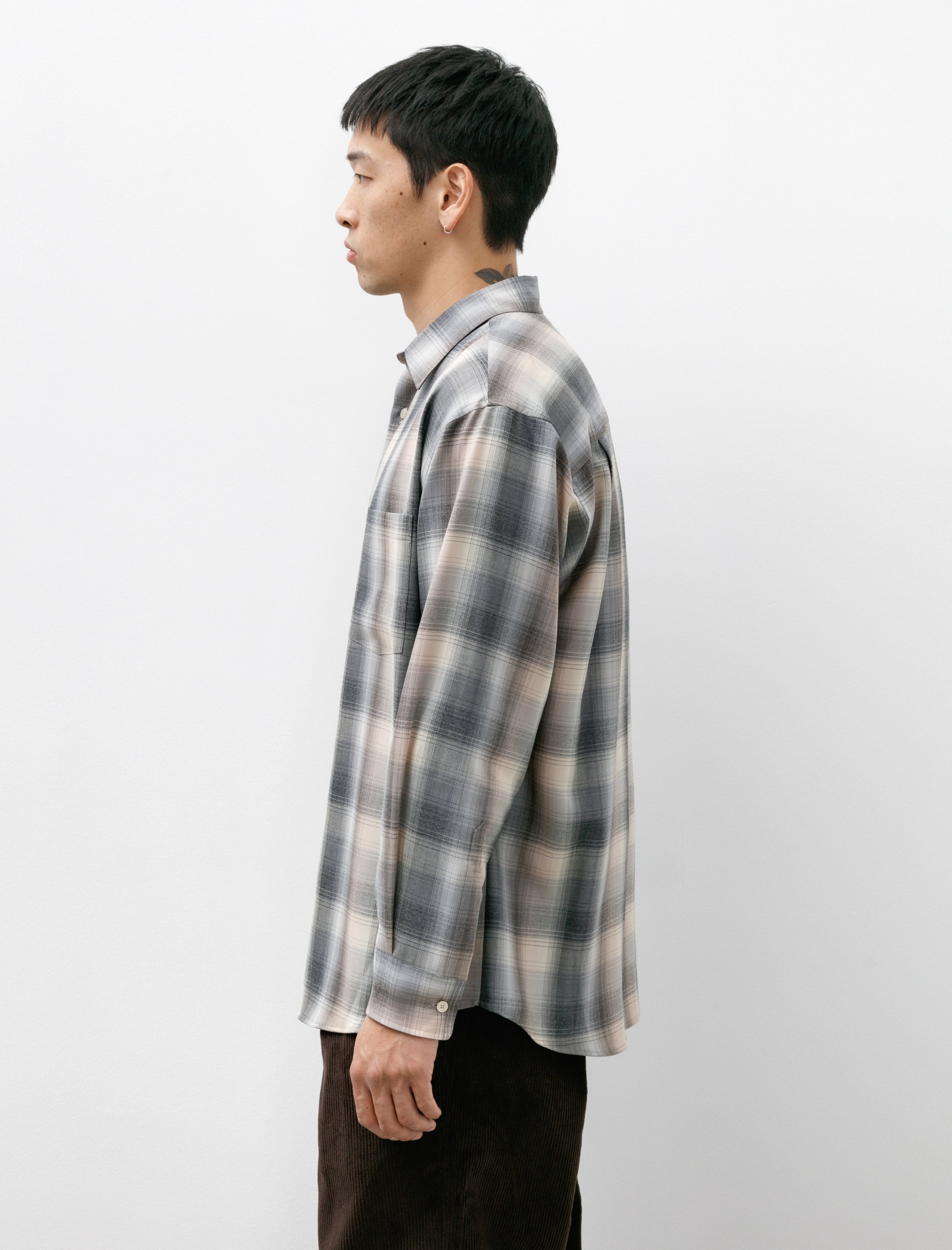 Auralee Super Light Weight Wool Check Shirt Beige Blue