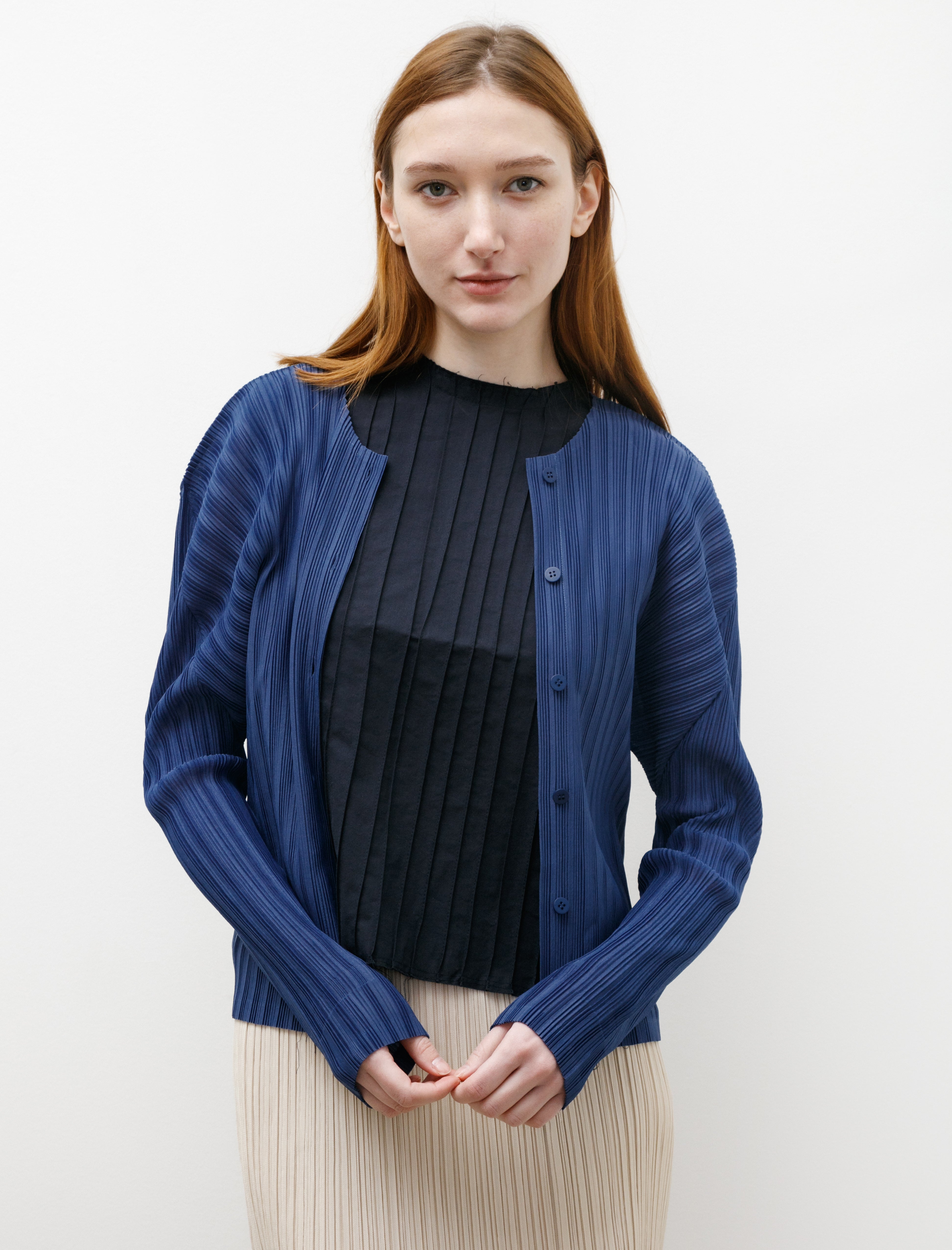 Pleats Please by Issey Miyake Rib Pleats Cardigan Slate Blue