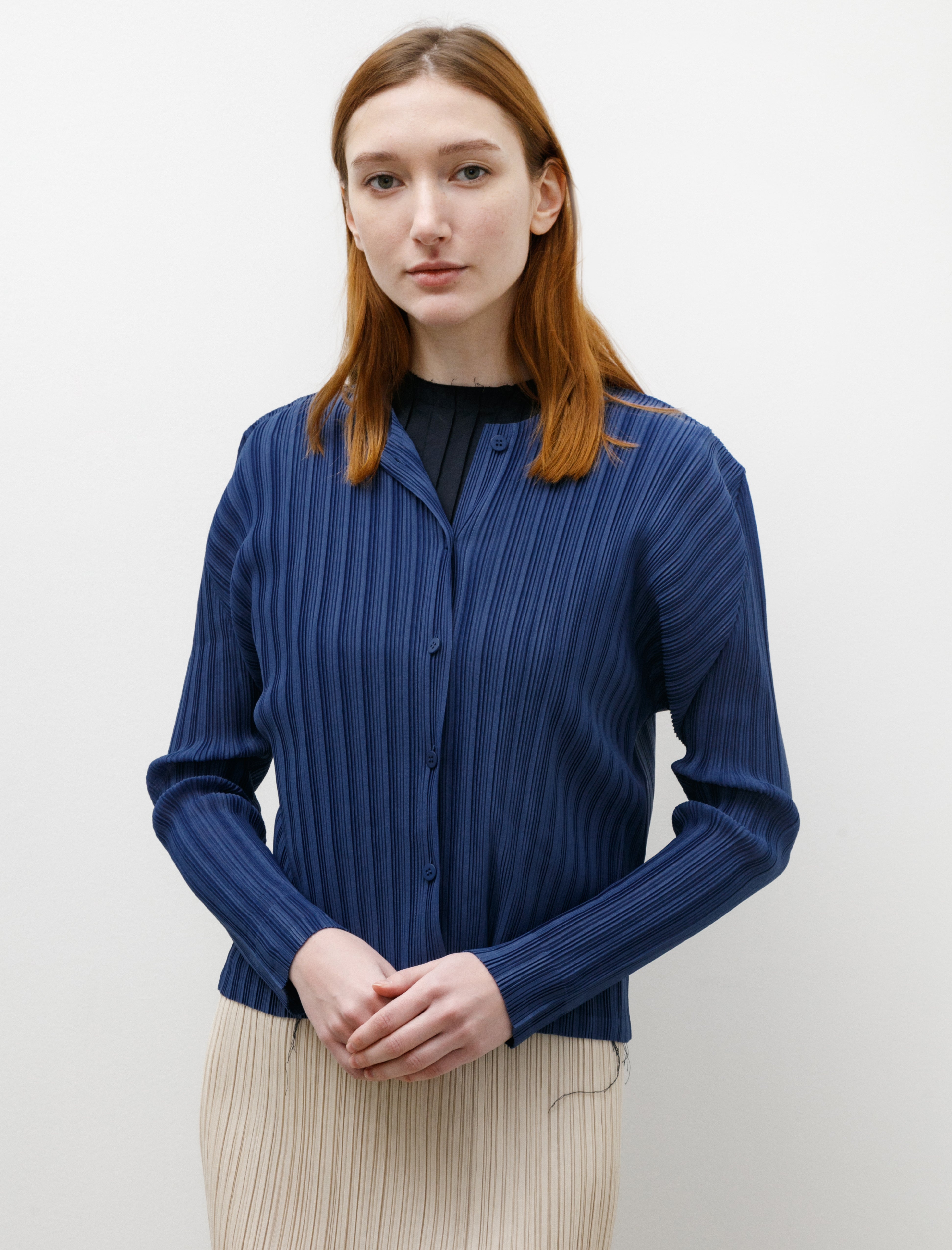 Pleats Please by Issey Miyake Rib Pleats Cardigan Slate Blue