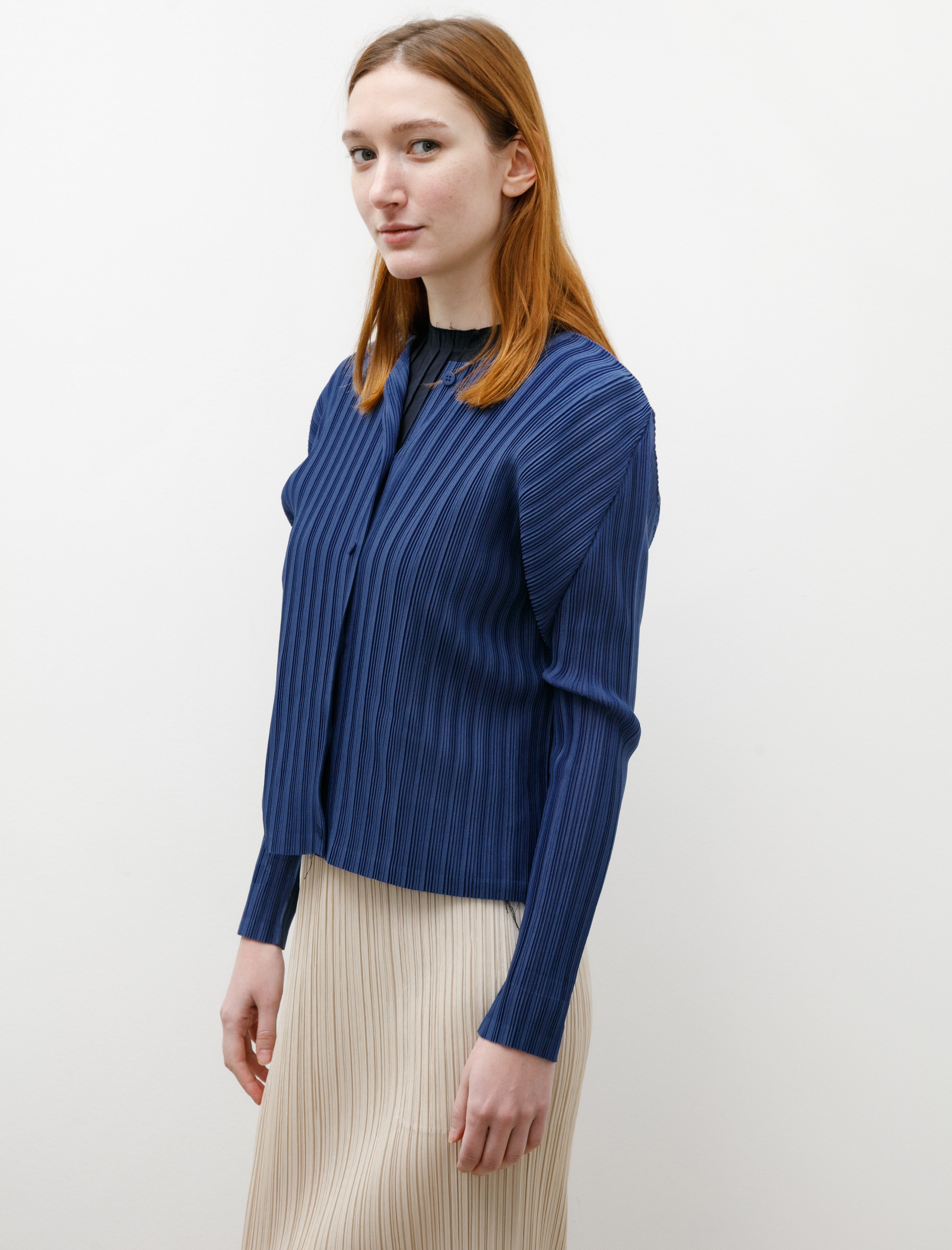 Pleats Please by Issey Miyake Rib Pleats Cardigan Slate Blue