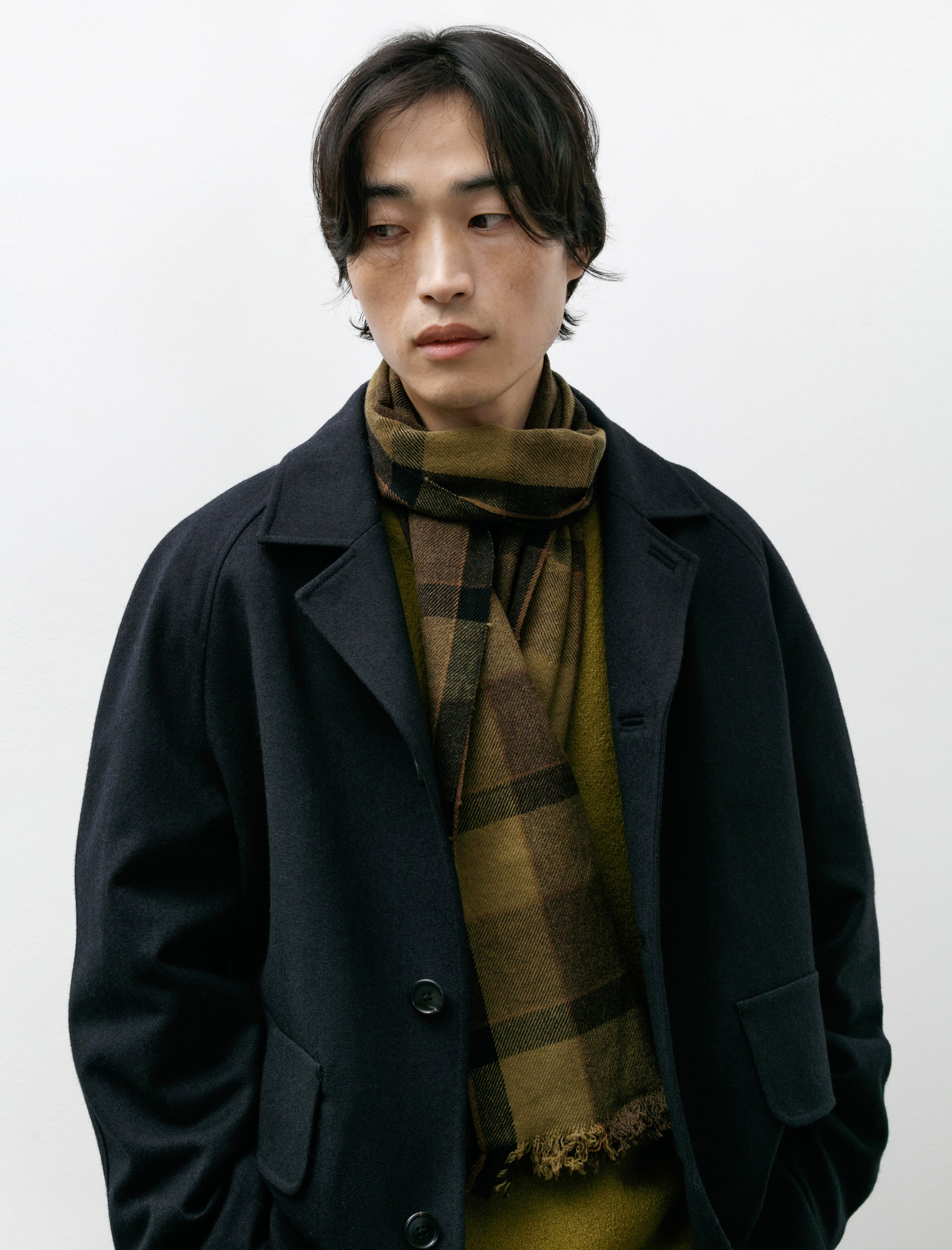 Margaret Howell Offset Check Scarf Lambswool Khaki/Bark