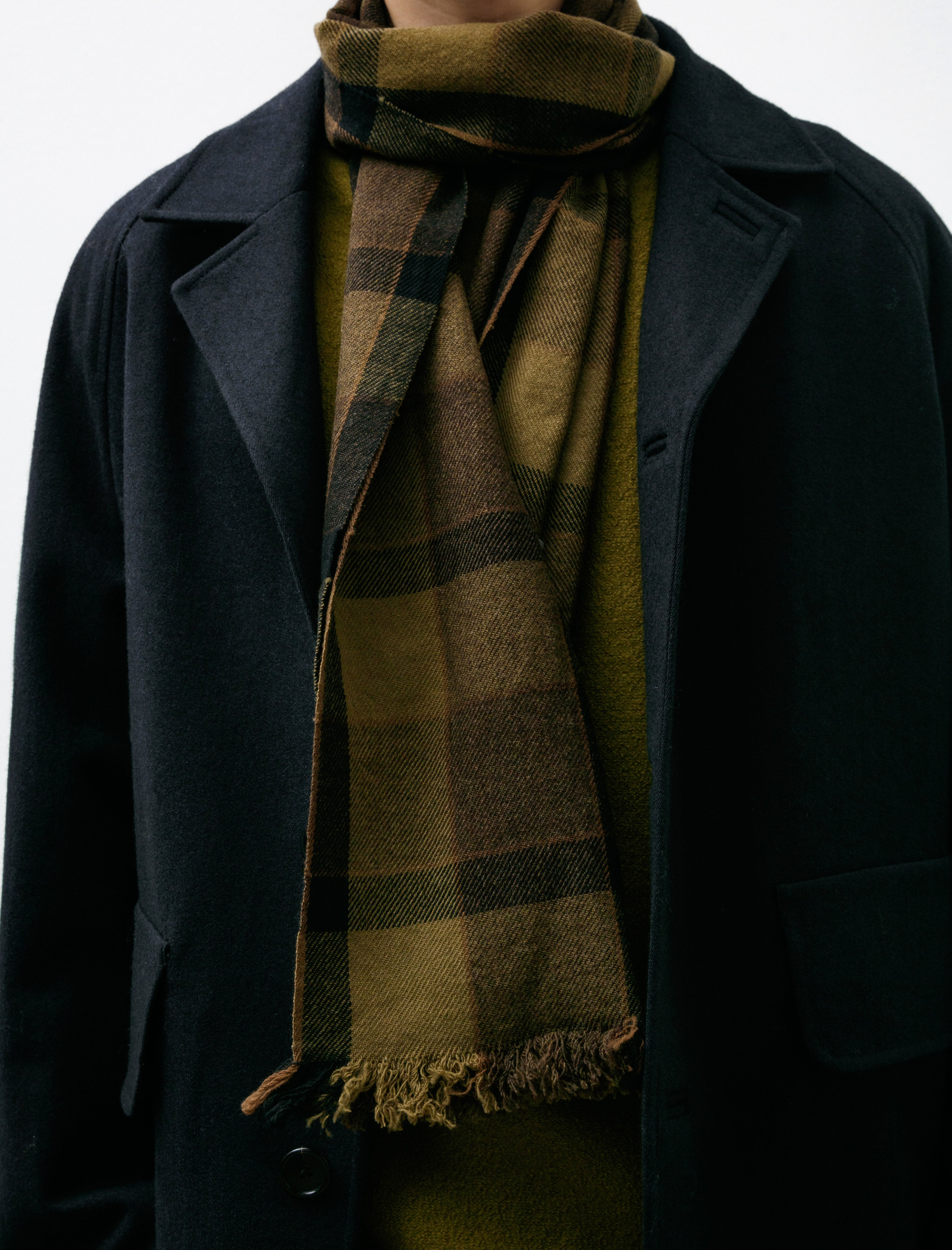 Margaret Howell Offset Check Scarf Lambswool Khaki/Bark