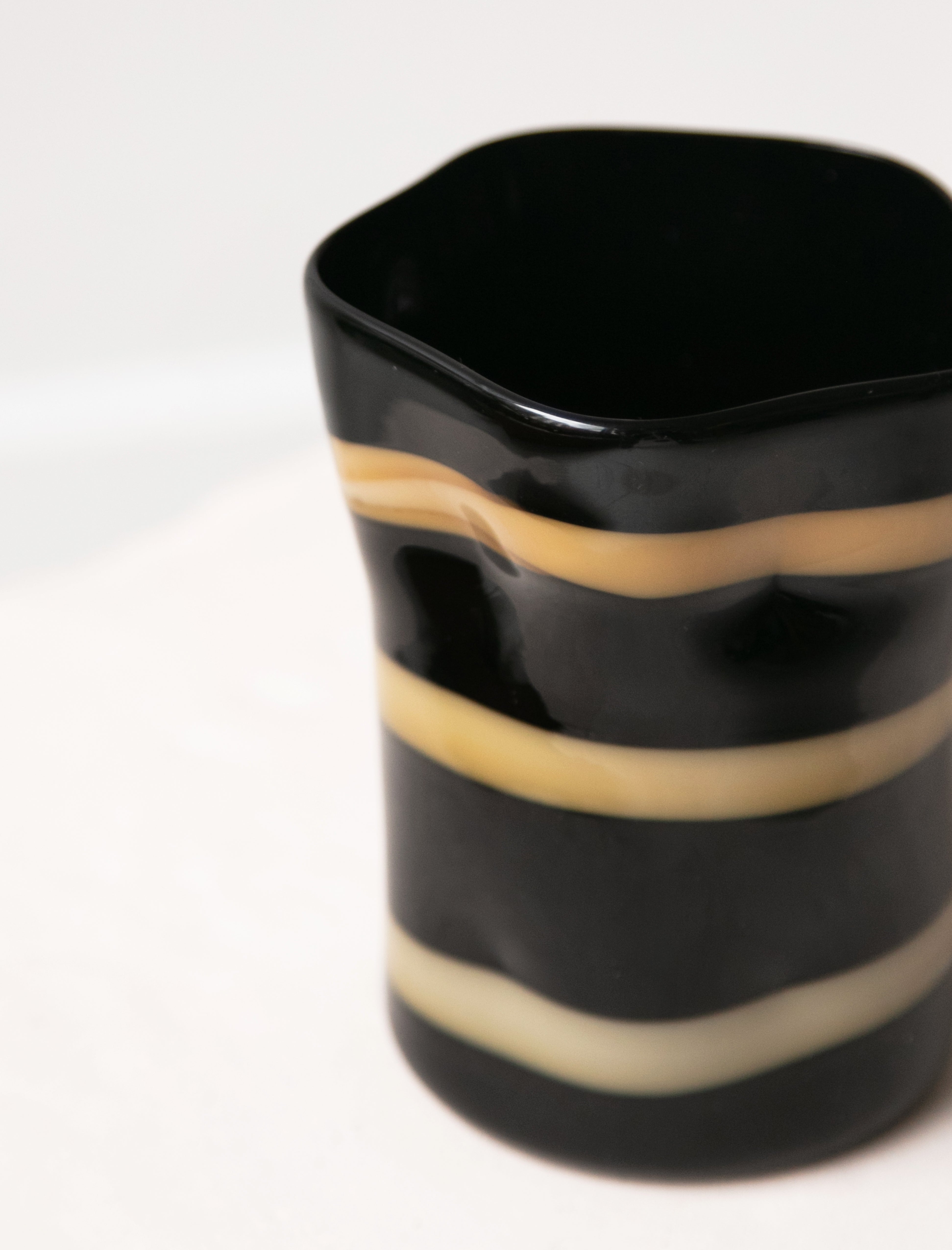 Cristaseya Murano Glass Black with Ochre Stripes