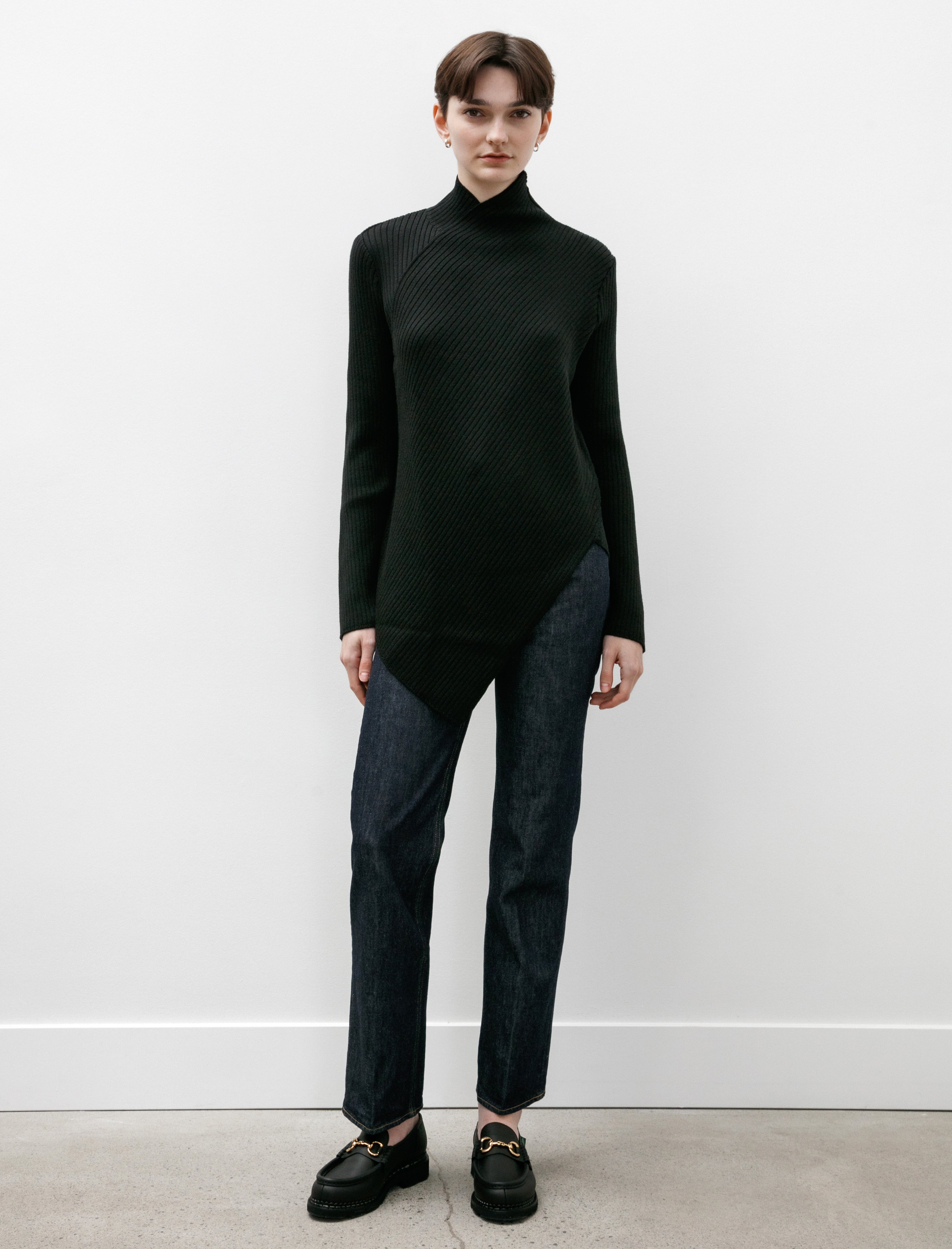 Asymmetrical Rib Knit Mockneck Black