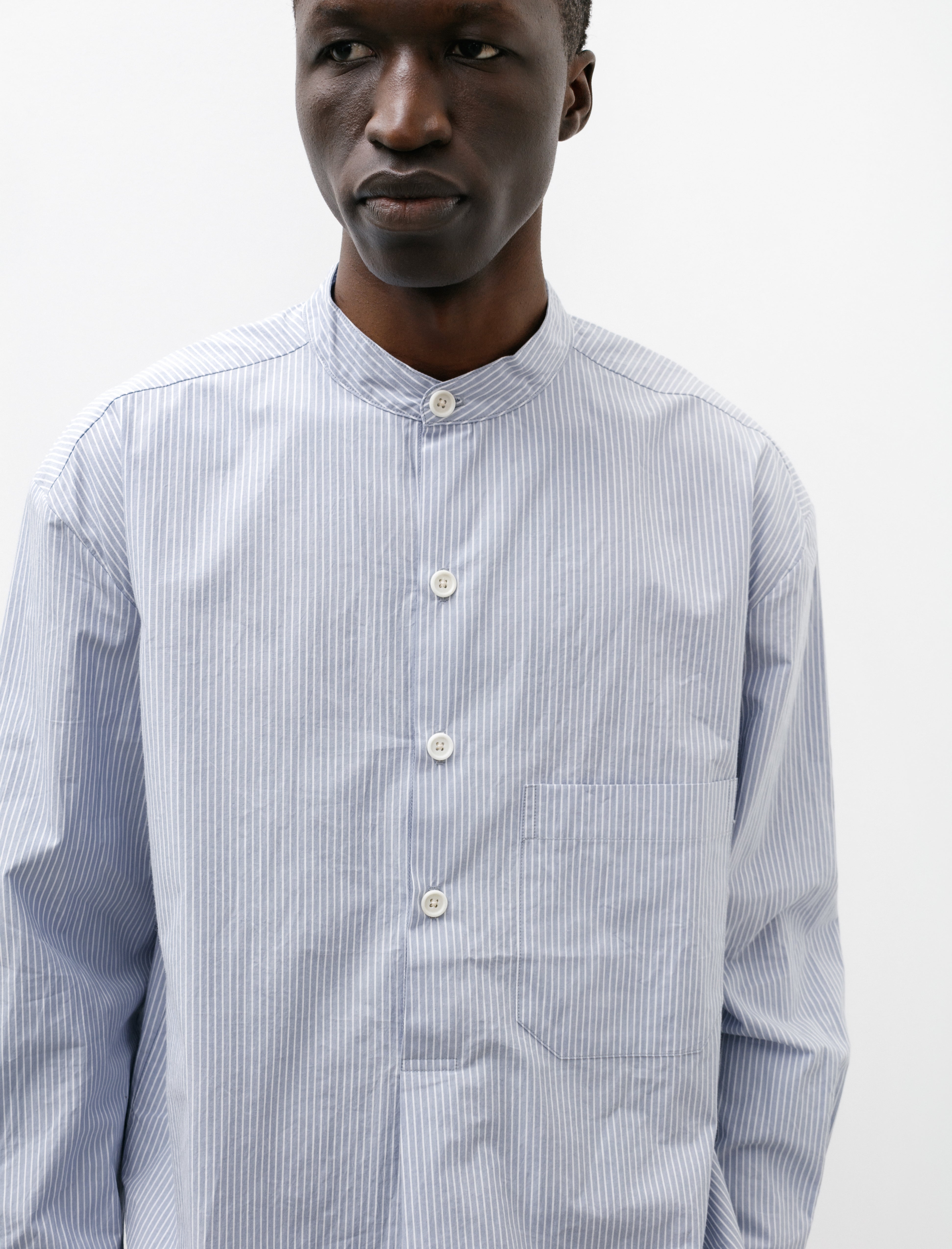 Evan Kinori Popover Shirt Organic Cotton Stripe Light Blue