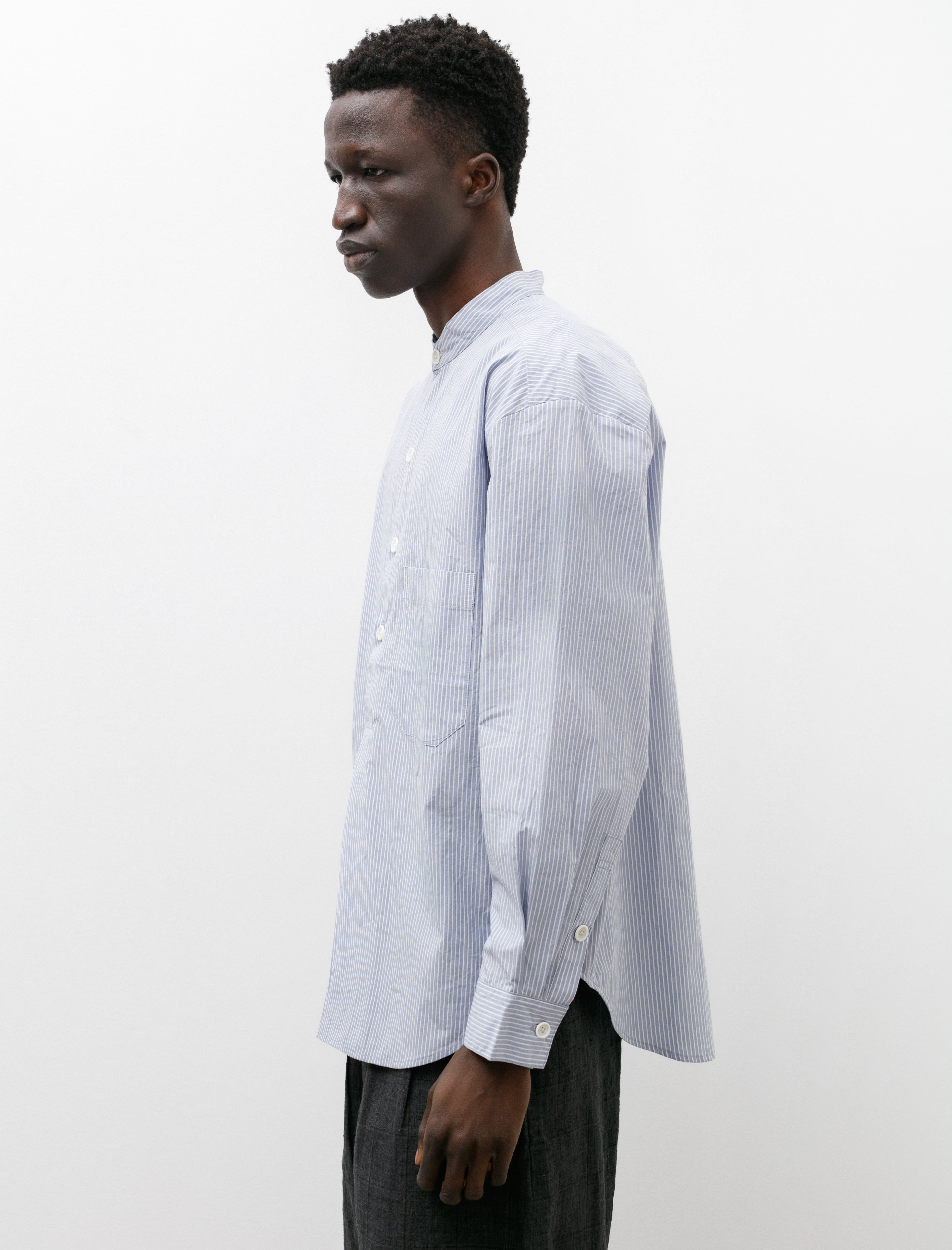 Evan Kinori Popover Shirt Organic Cotton Stripe Light Blue