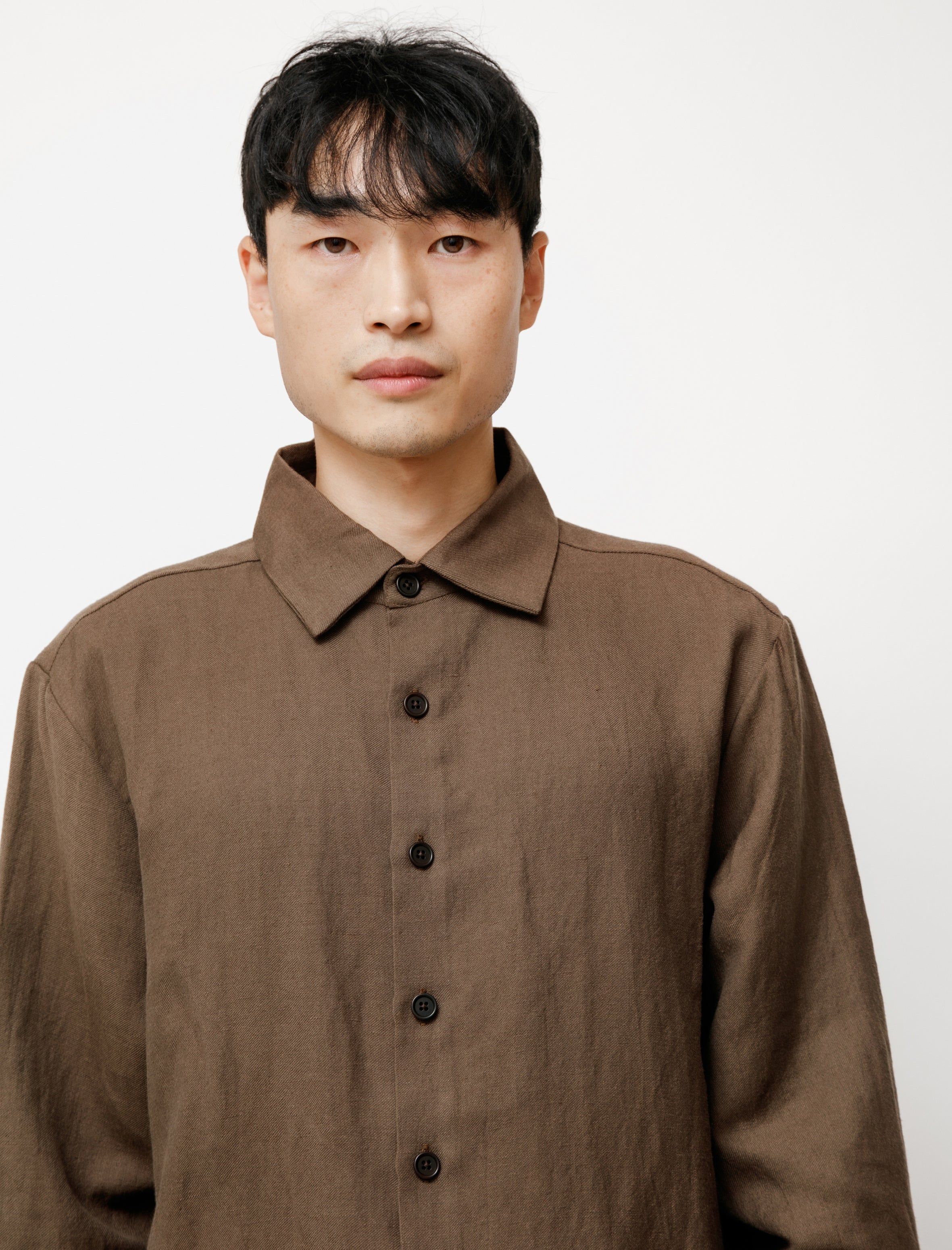 Evan Kinori Flat Hem Shirt Wool Linen Twill Brown