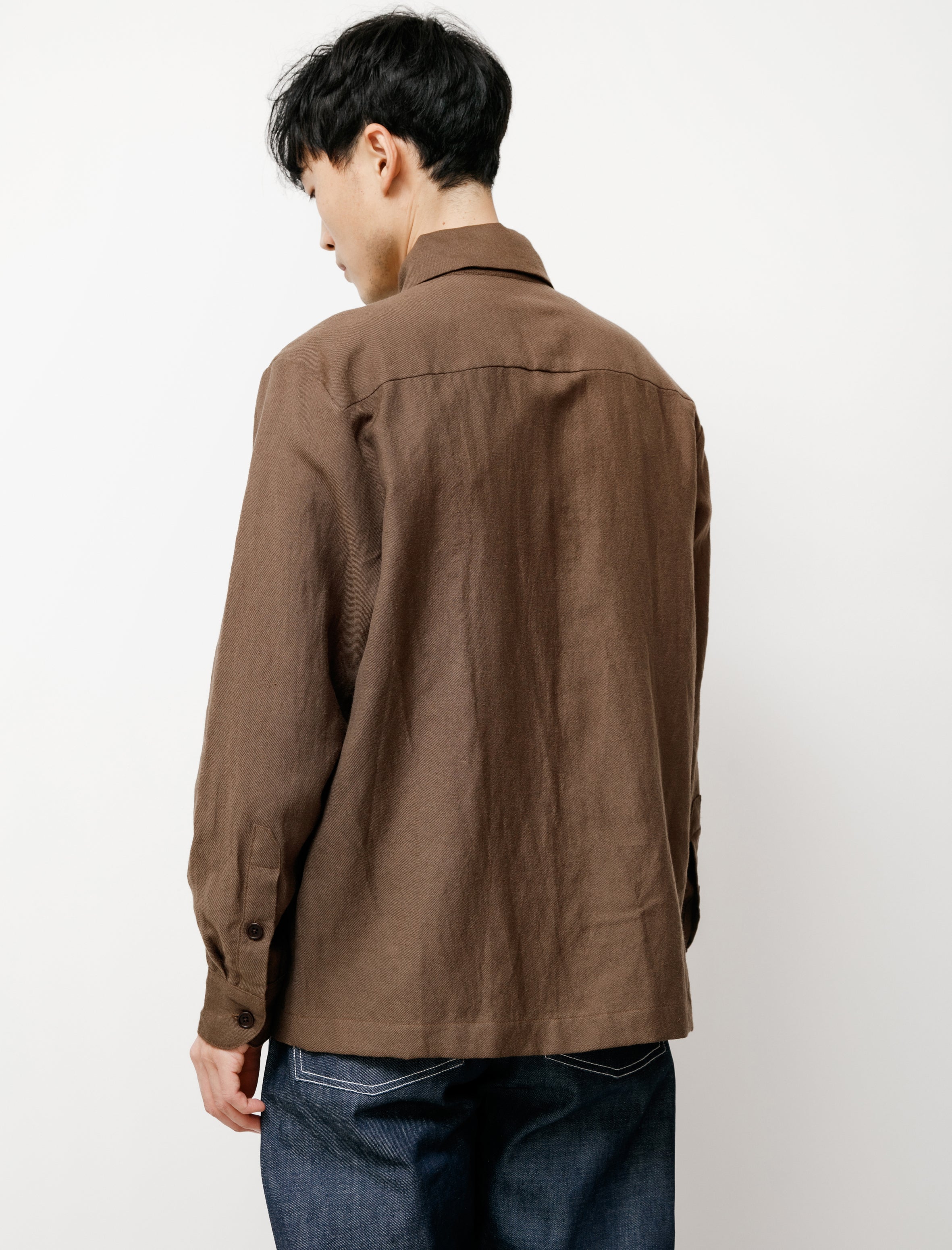 Evan Kinori Flat Hem Shirt Wool Linen Twill Brown