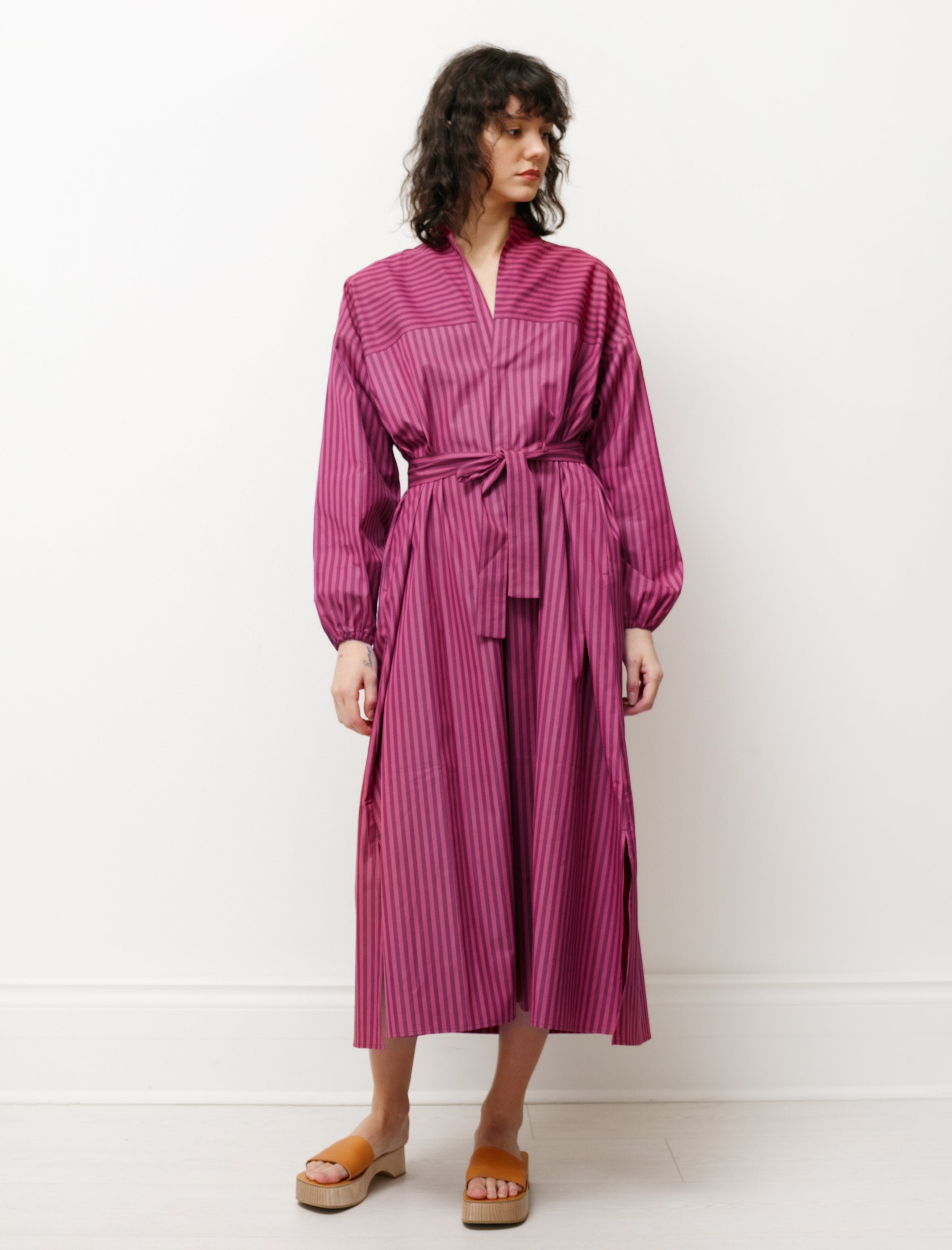 Cristaseya Shirt Dress with Gathered Sleeves Striped Pink