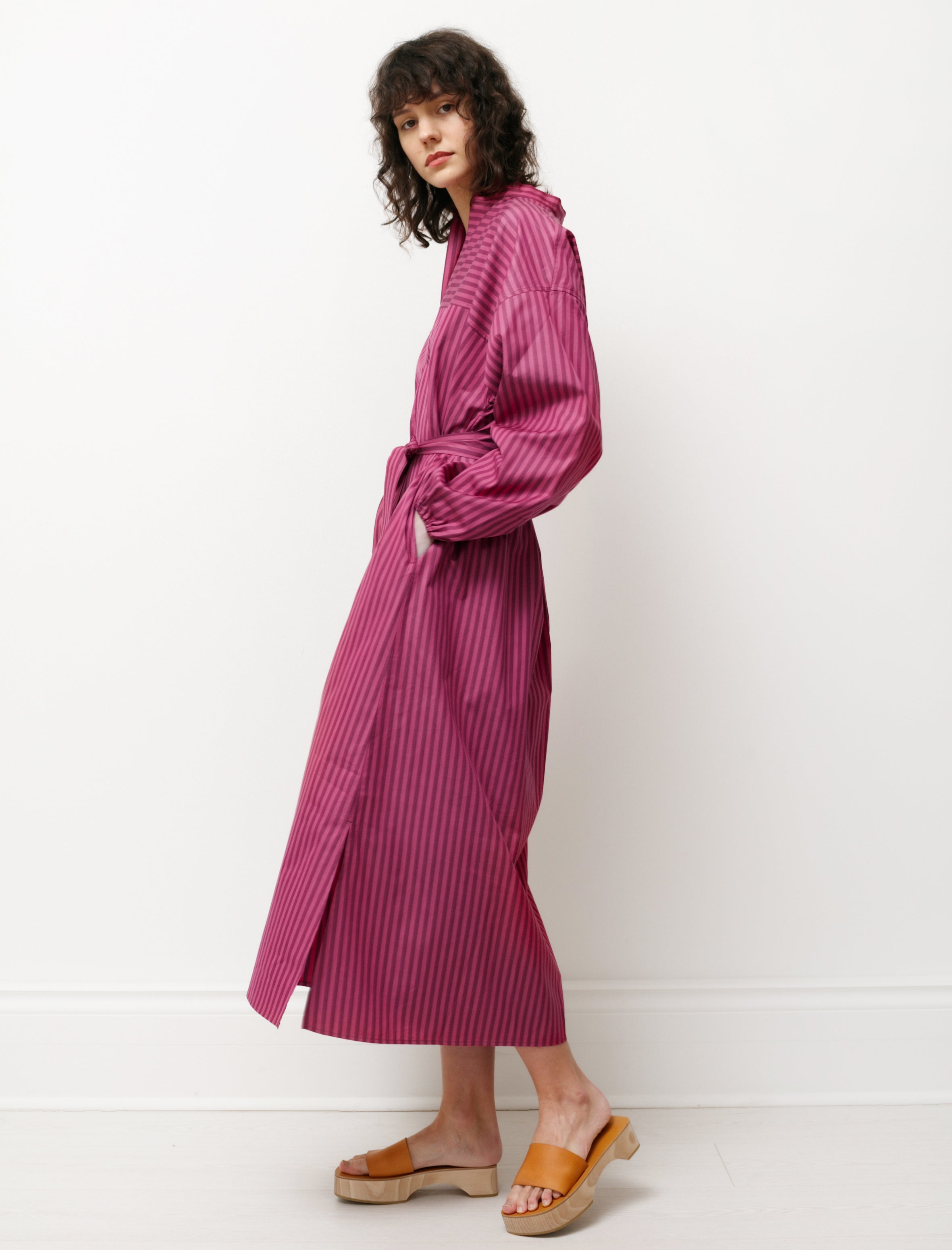 Cristaseya Shirt Dress with Gathered Sleeves Striped Pink