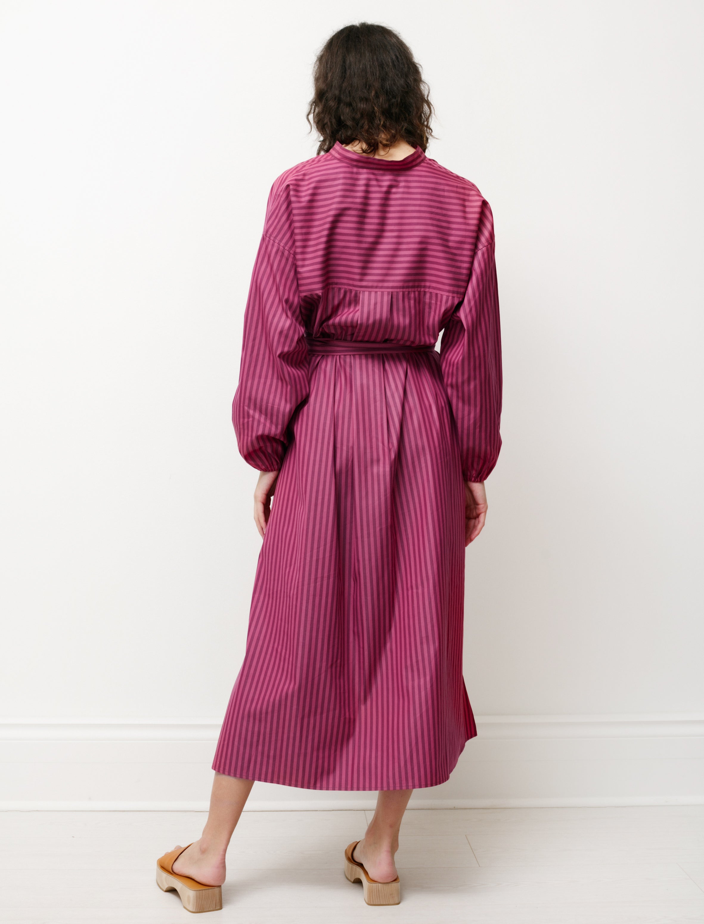 Cristaseya Shirt Dress with Gathered Sleeves Striped Pink