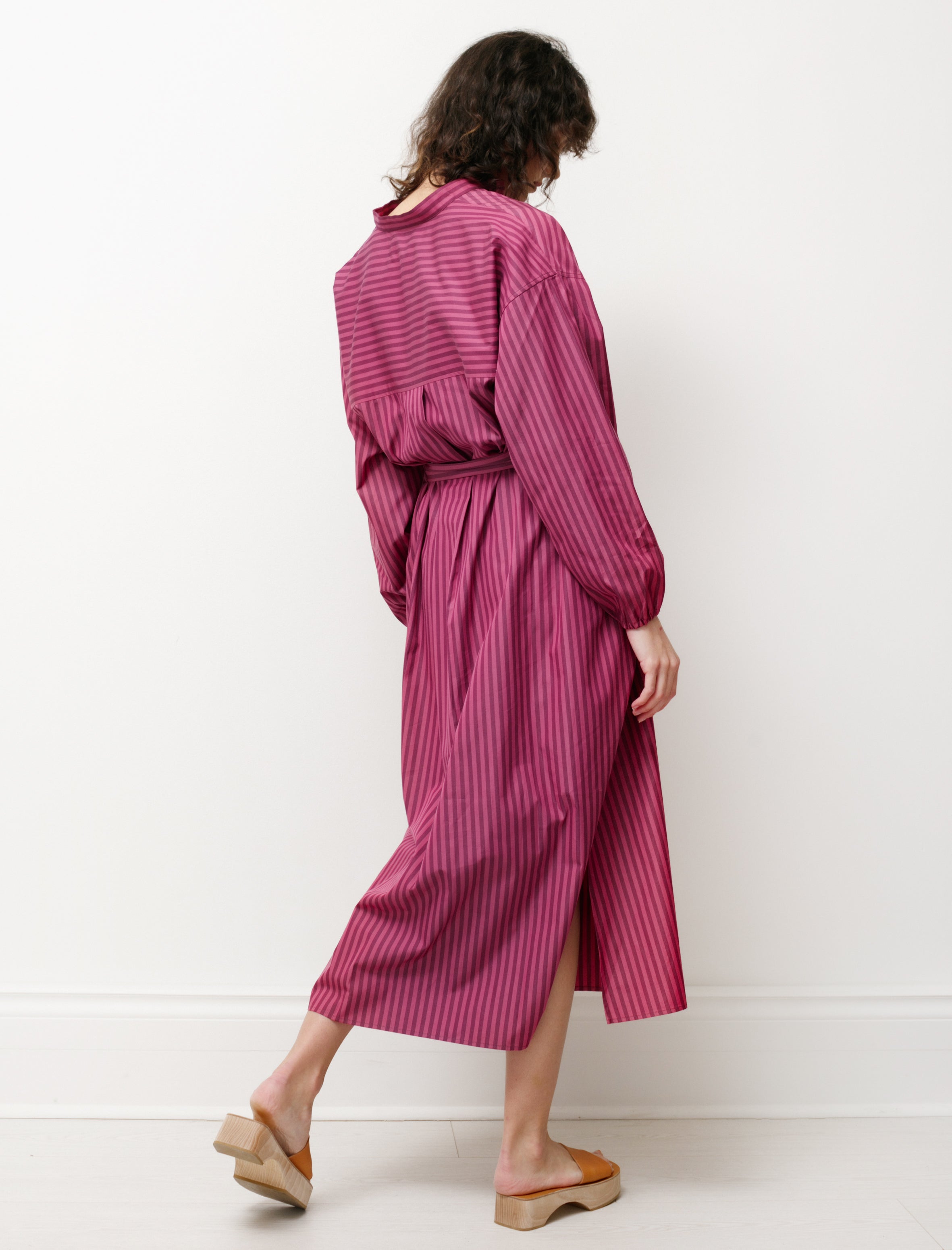 Cristaseya Shirt Dress with Gathered Sleeves Striped Pink