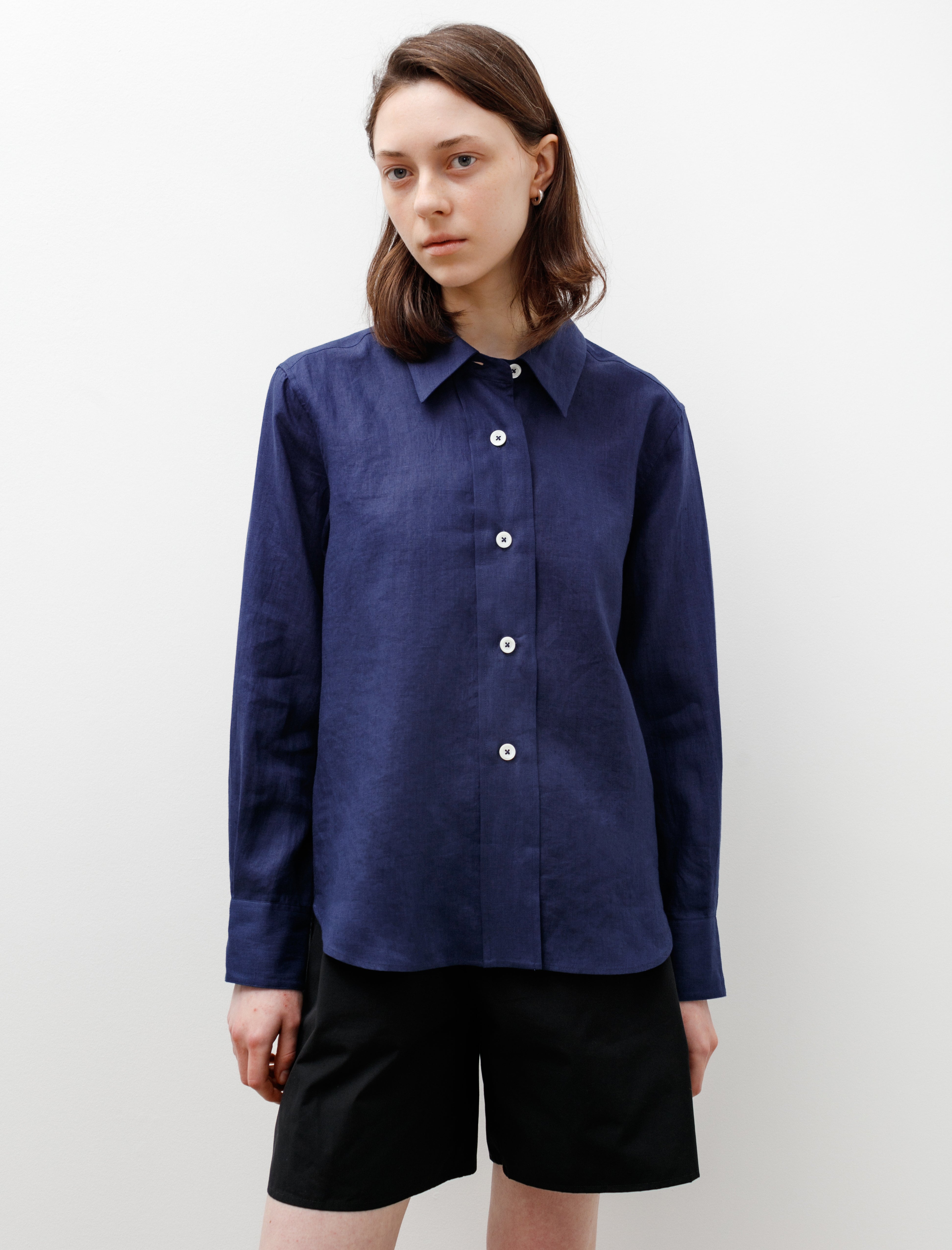 Broad Placket Shirt Linen Deep Blue