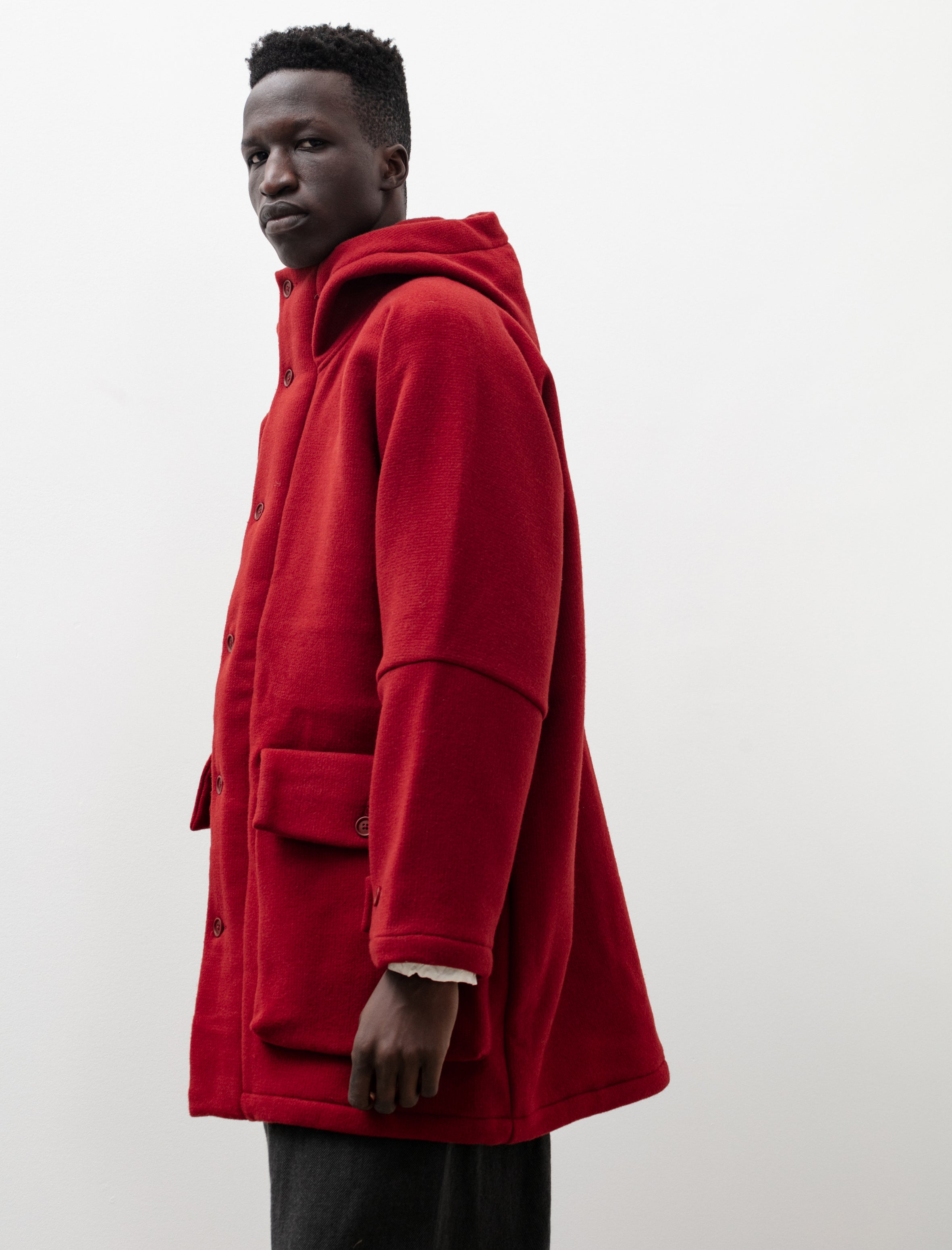 Evan Kinori Hooded Coat Heavy Wool Duffle Red Neighbour