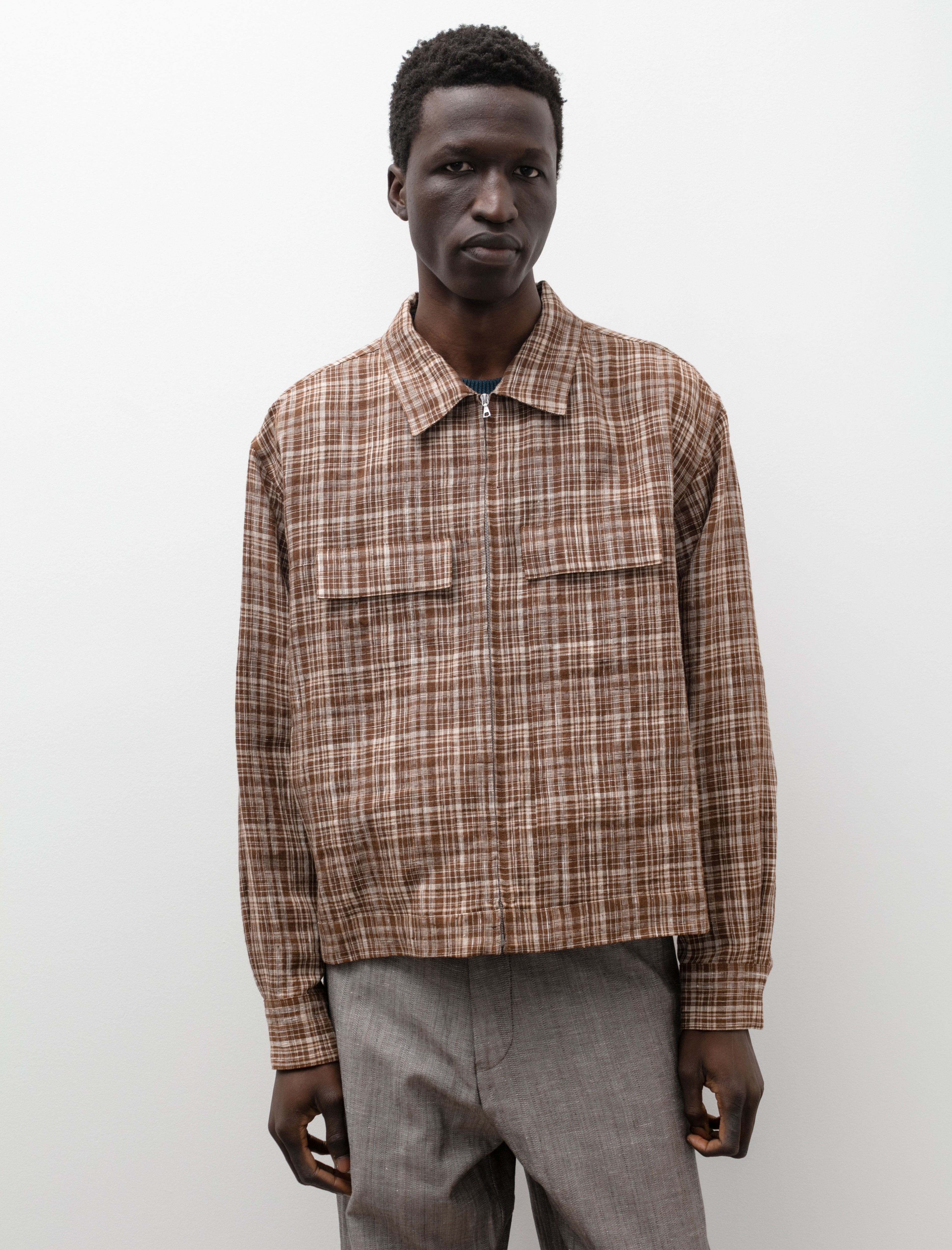 Linen Silk Check Zip Blouson Brown