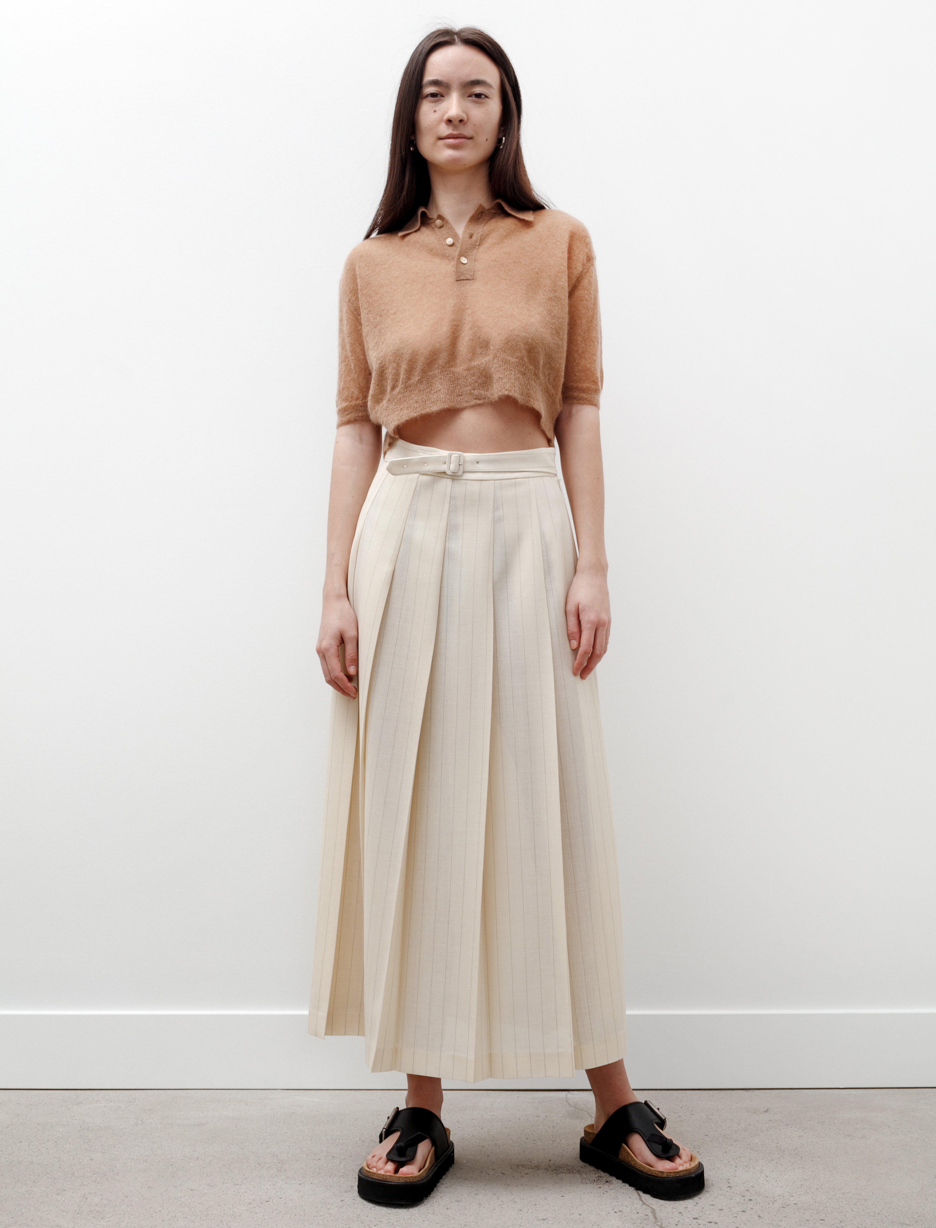 Panama Stripe Pleated Skirt Ivory