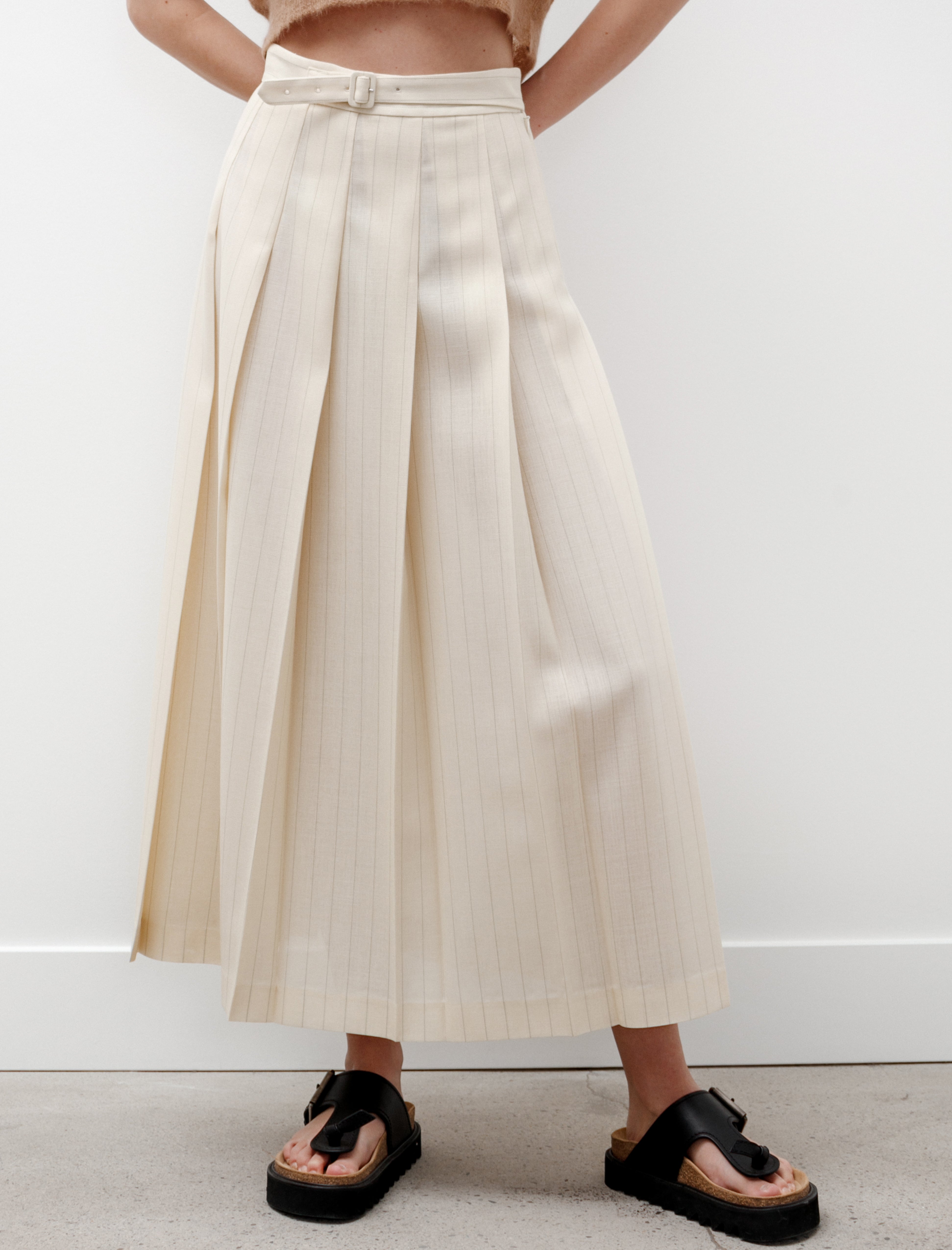 Panama Stripe Pleated Skirt Ivory