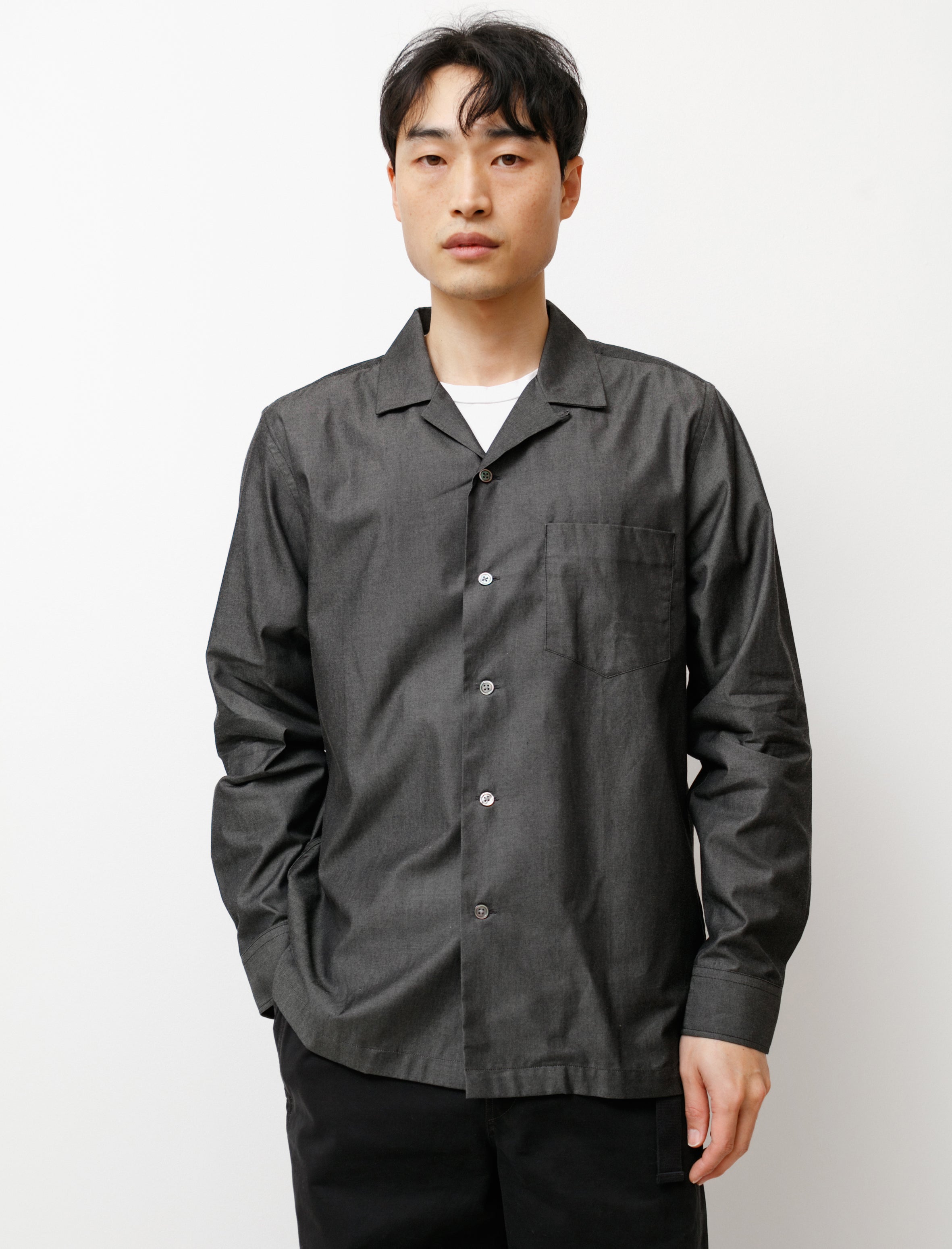 Supima Cotton Denim Open Collar Shirt Black