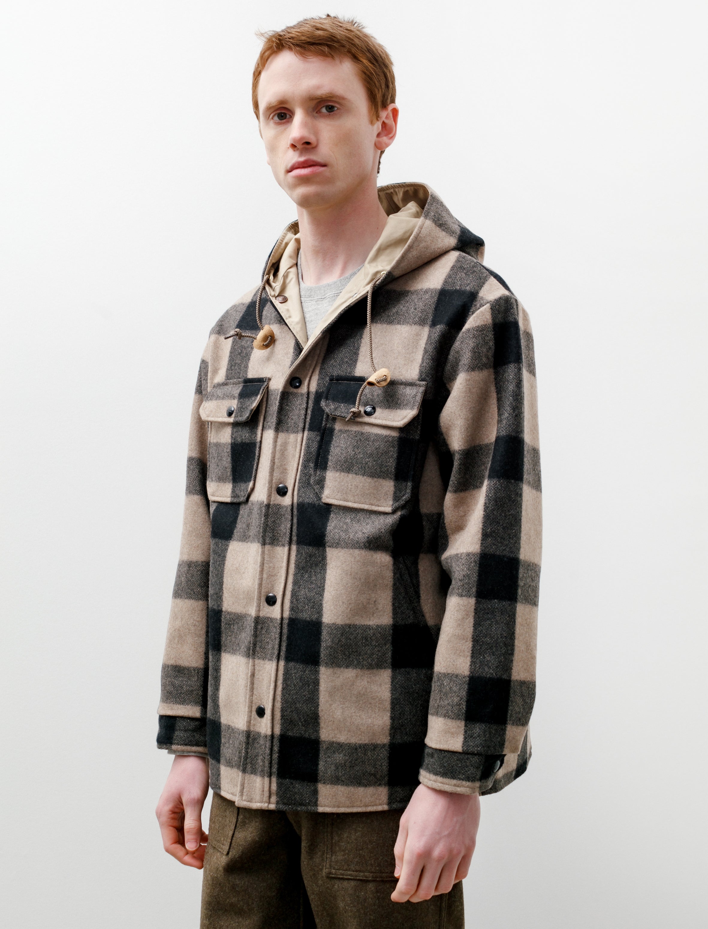 Hooded Reversible Wool Jacket Beige Check