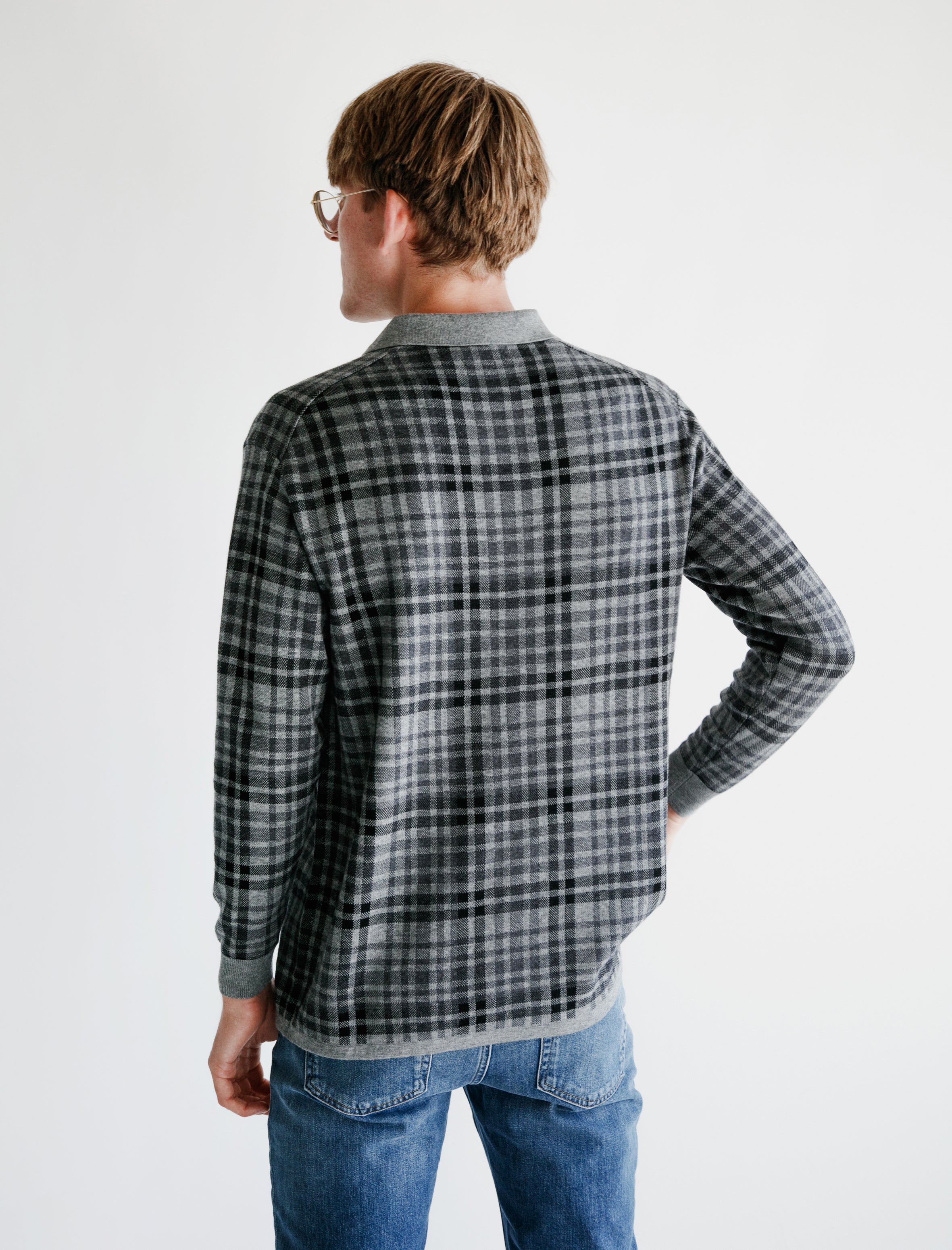 LS Merino Polo Charcoal Plaid