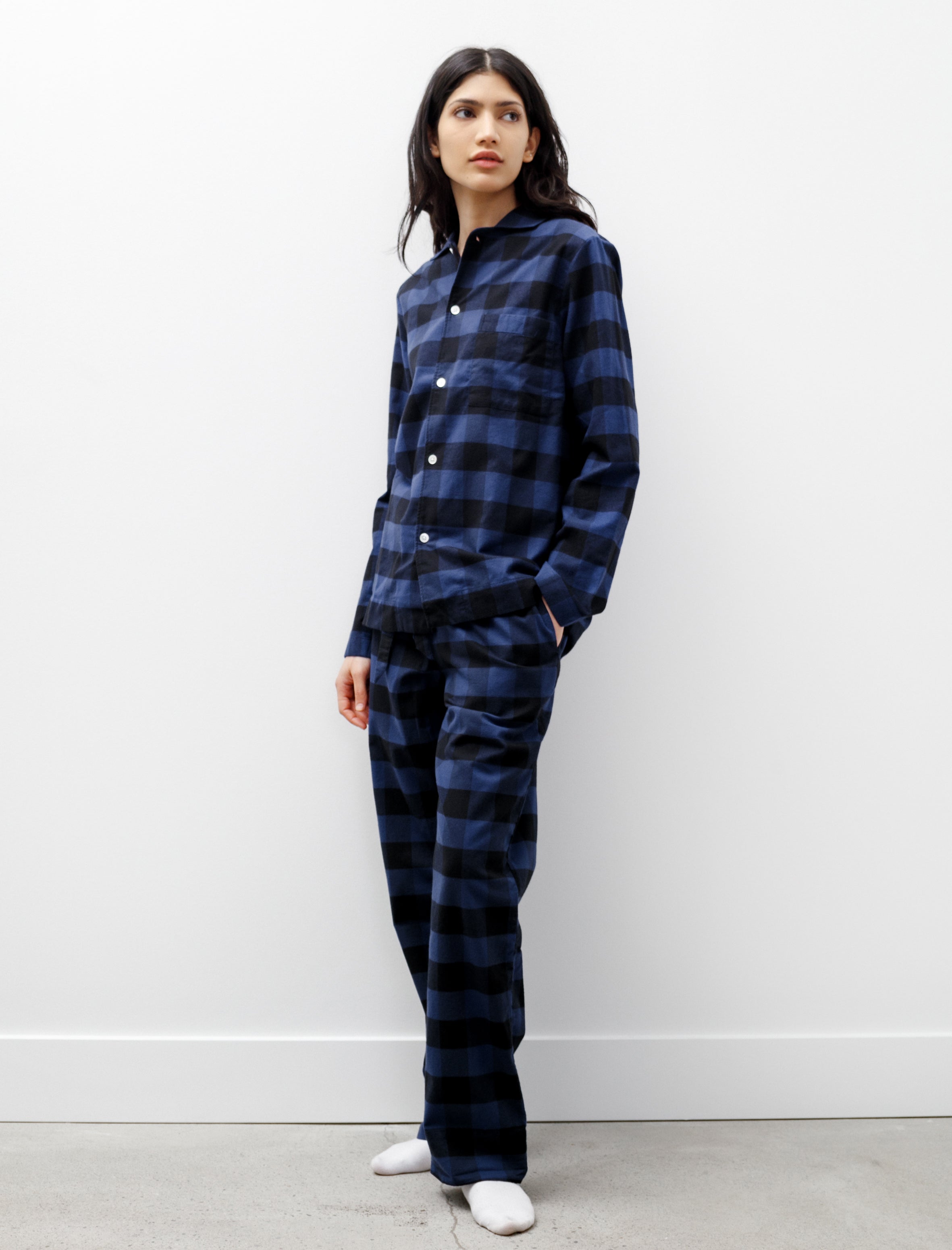 Tekla Flannel Pyjama Shirt Gingham Blue