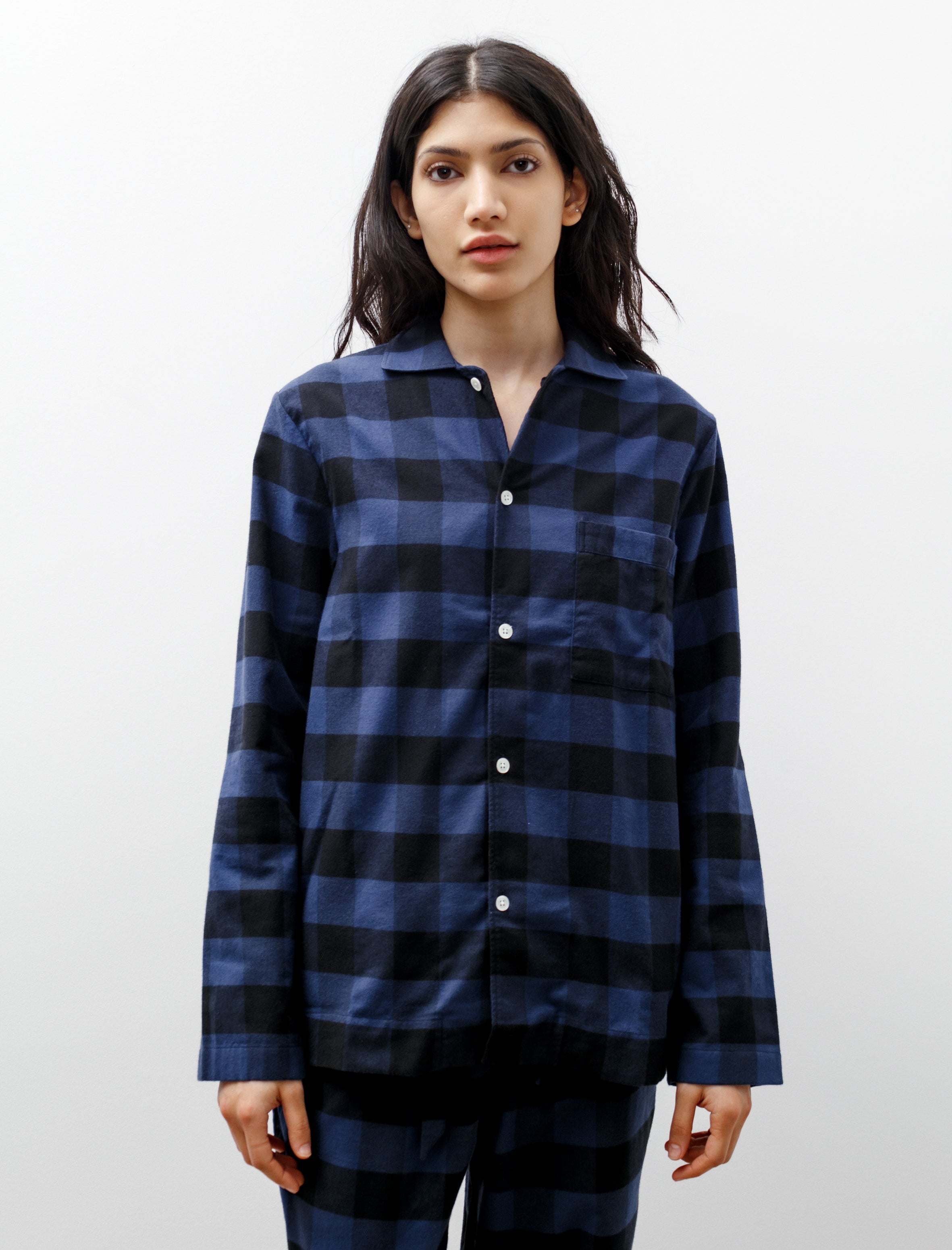 Tekla Flannel Pyjama Shirt Gingham Blue