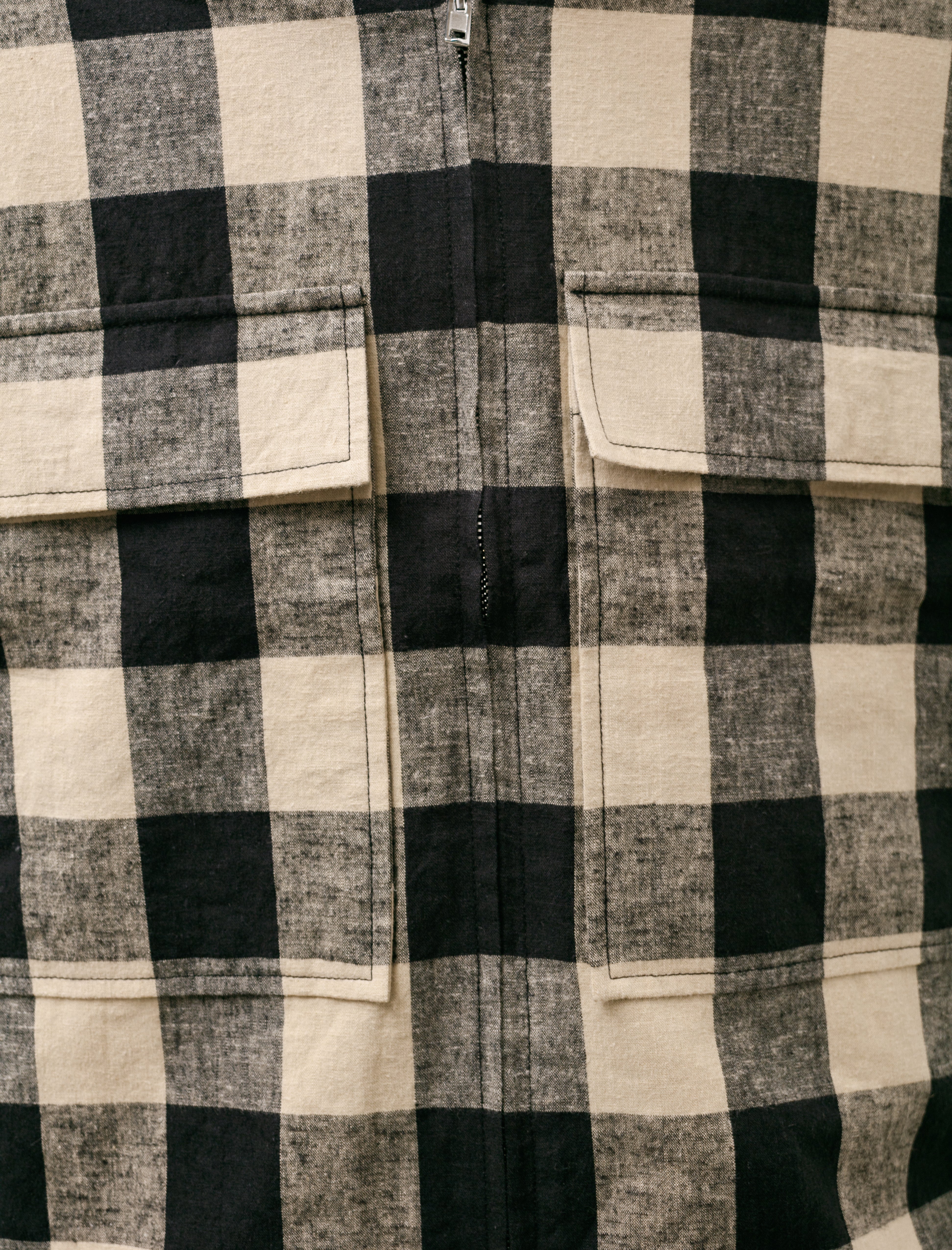 Evan Kinori Zip Jacket Cotton Linen Check Tan Black