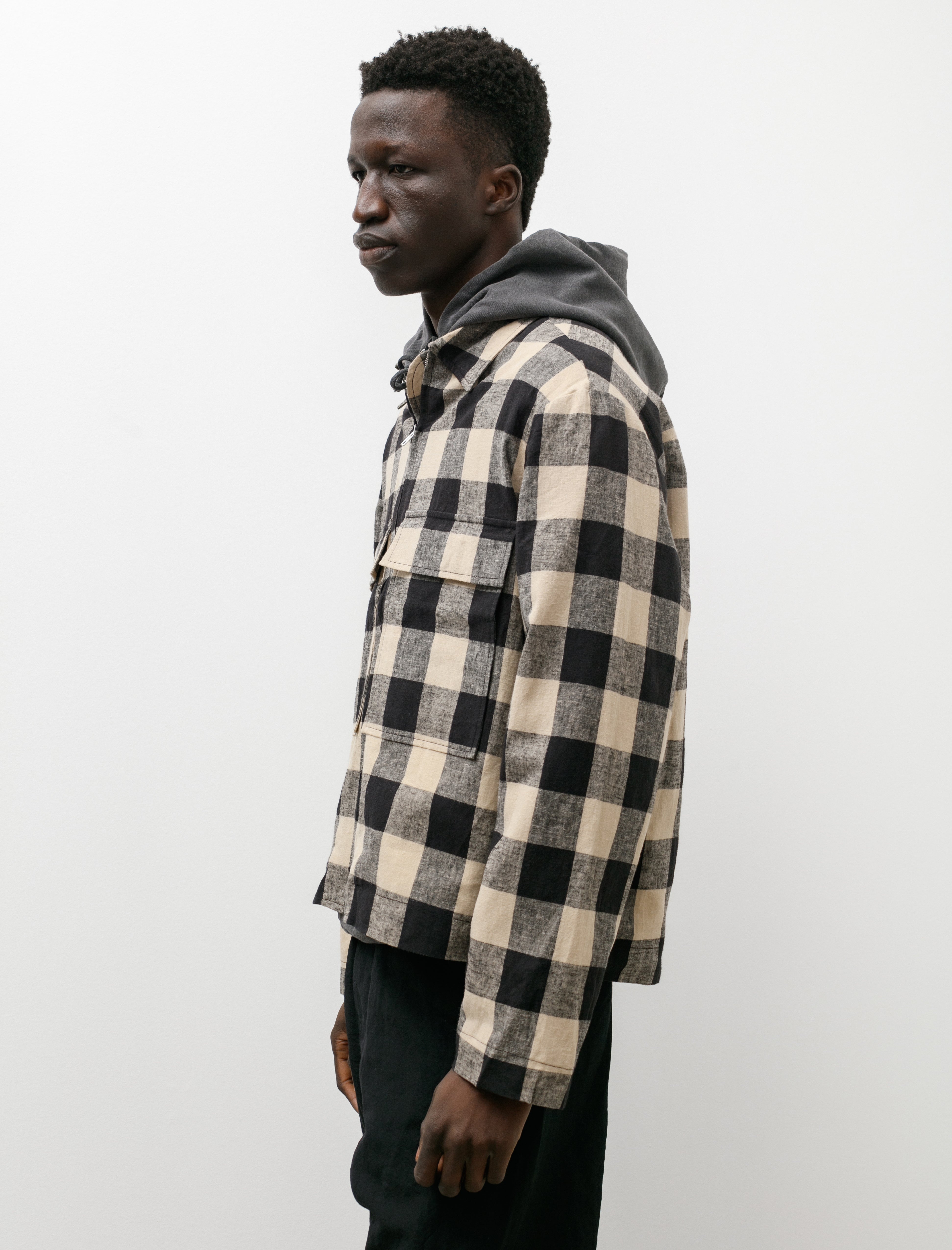 Evan Kinori Zip Jacket Cotton Linen Check Tan Black