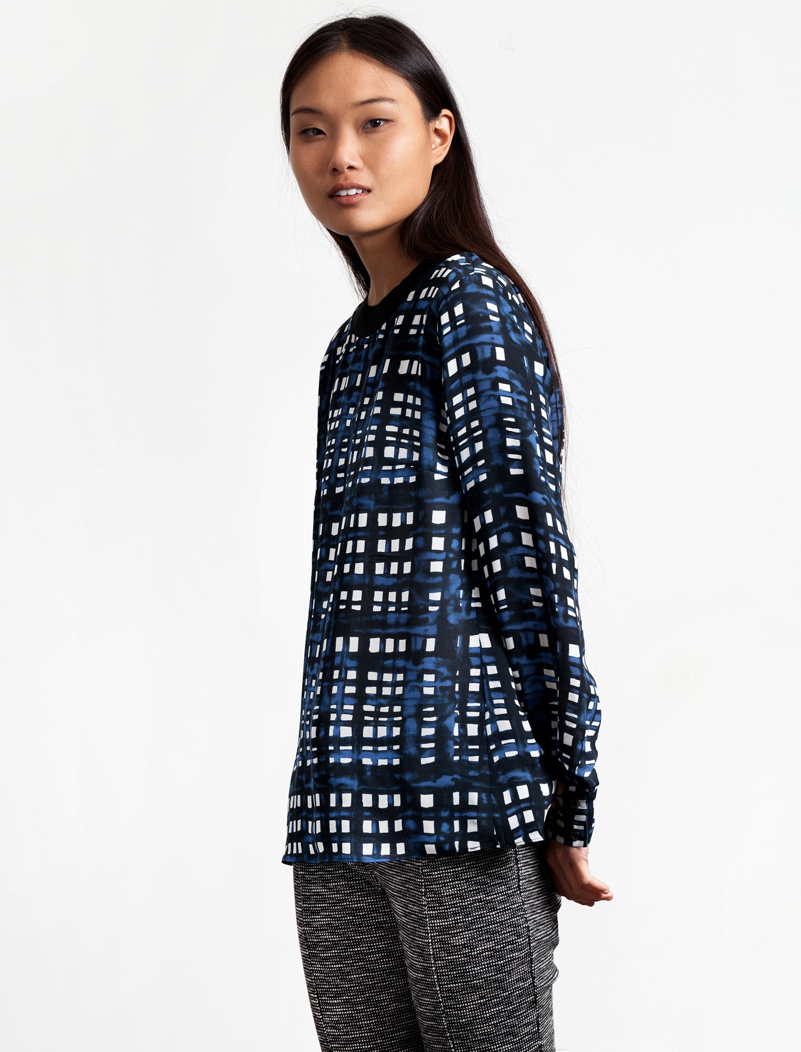 Thakoon Addition Crewneck Navy Plaid Top