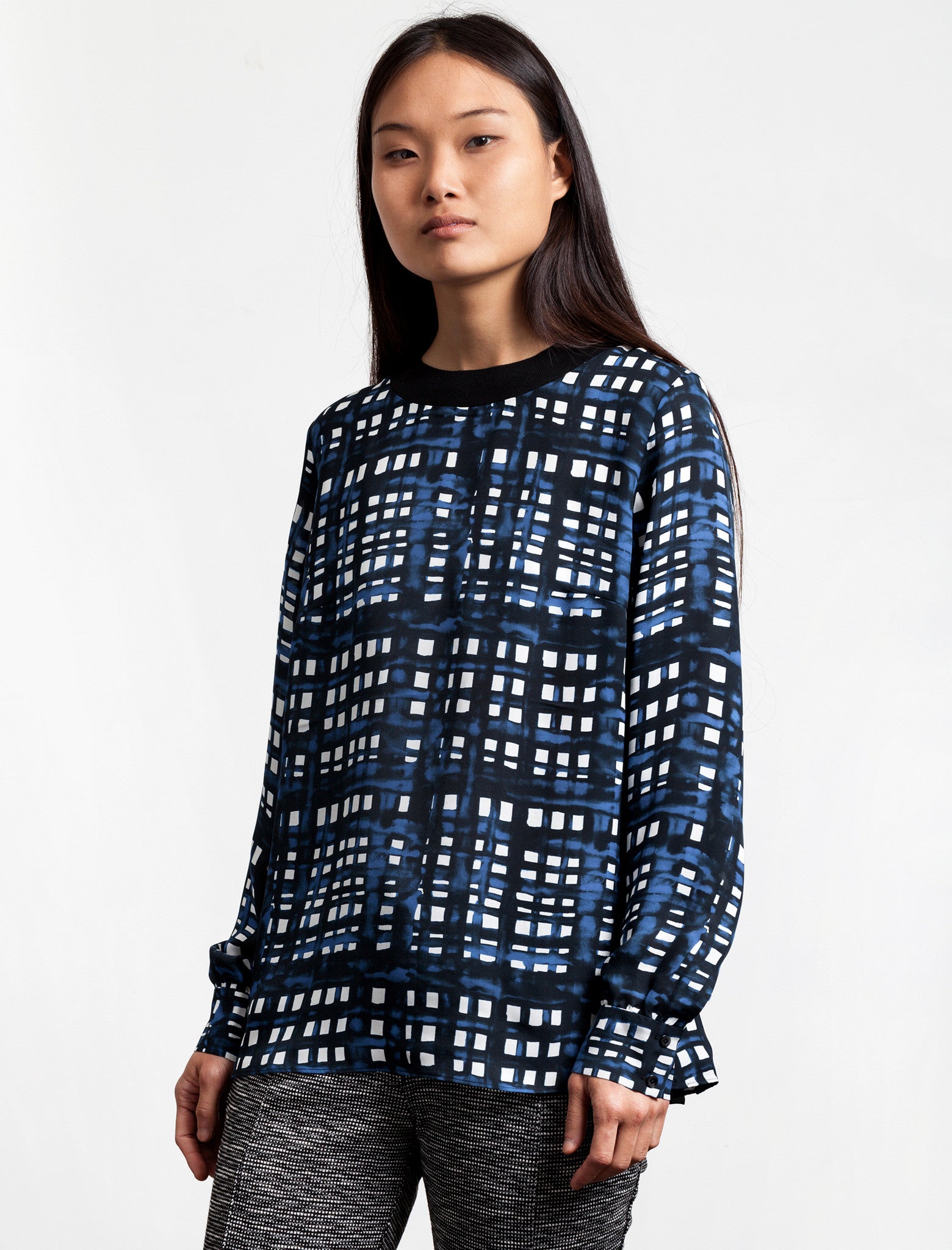 Thakoon Addition Crewneck Navy Plaid Top